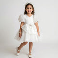 Girls’ Sheer Sleeve Organza Occasion Dress with Jewel-Accented Bow