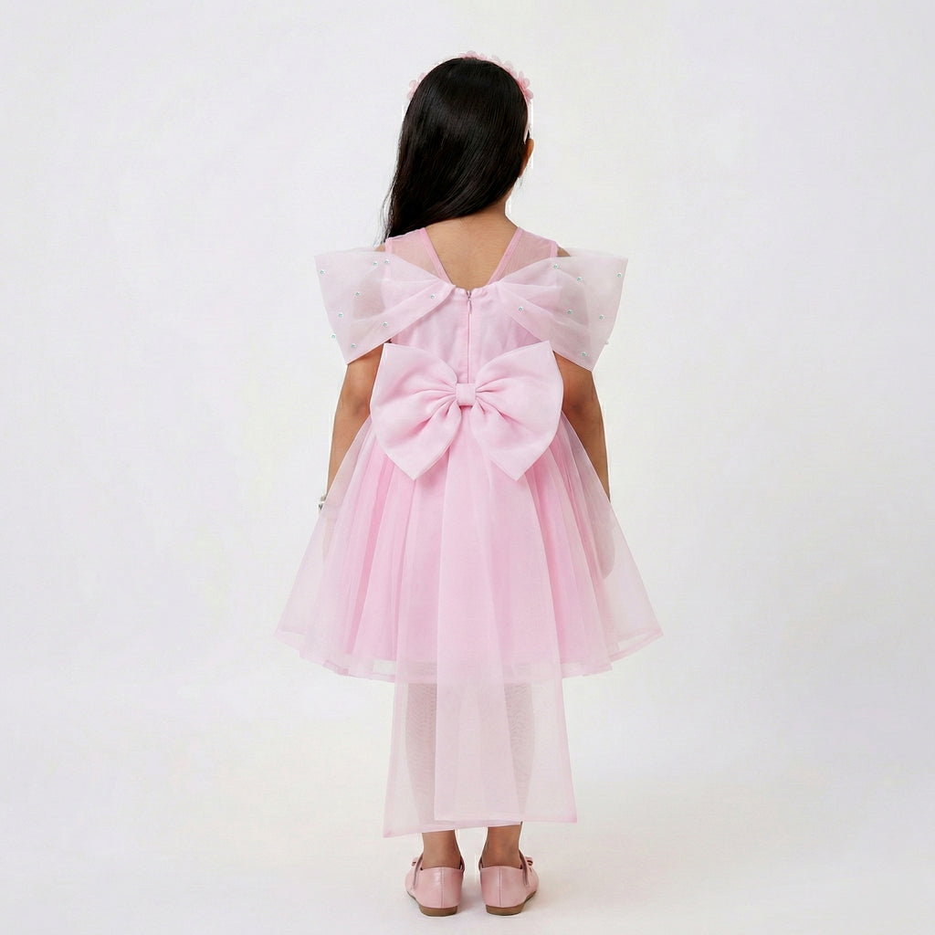 Girls’ Pleated Bodice Organza Gala Dress with Wing Sleeves