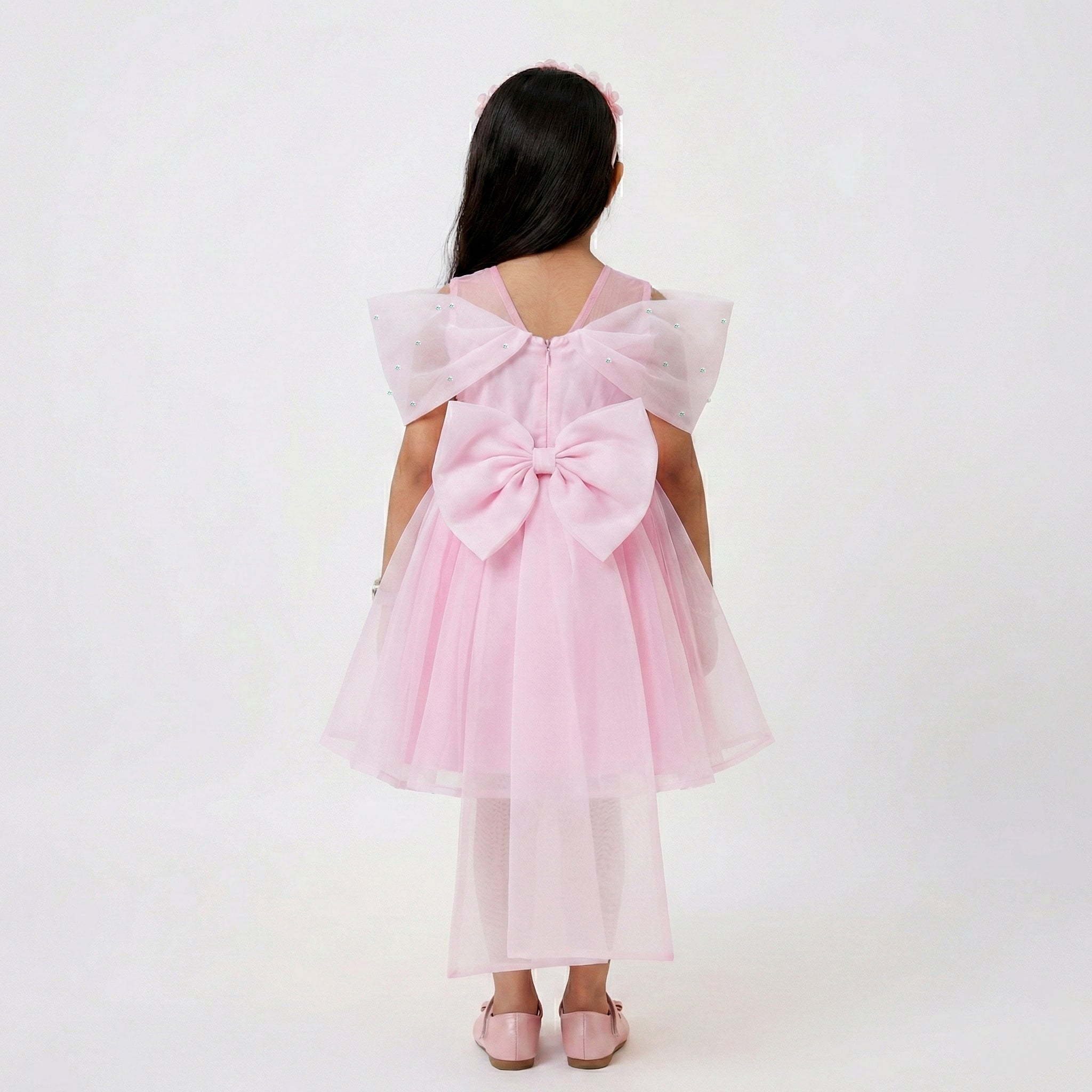 Girls’ Pleated Bodice Organza Gala Dress with Wing Sleeves
