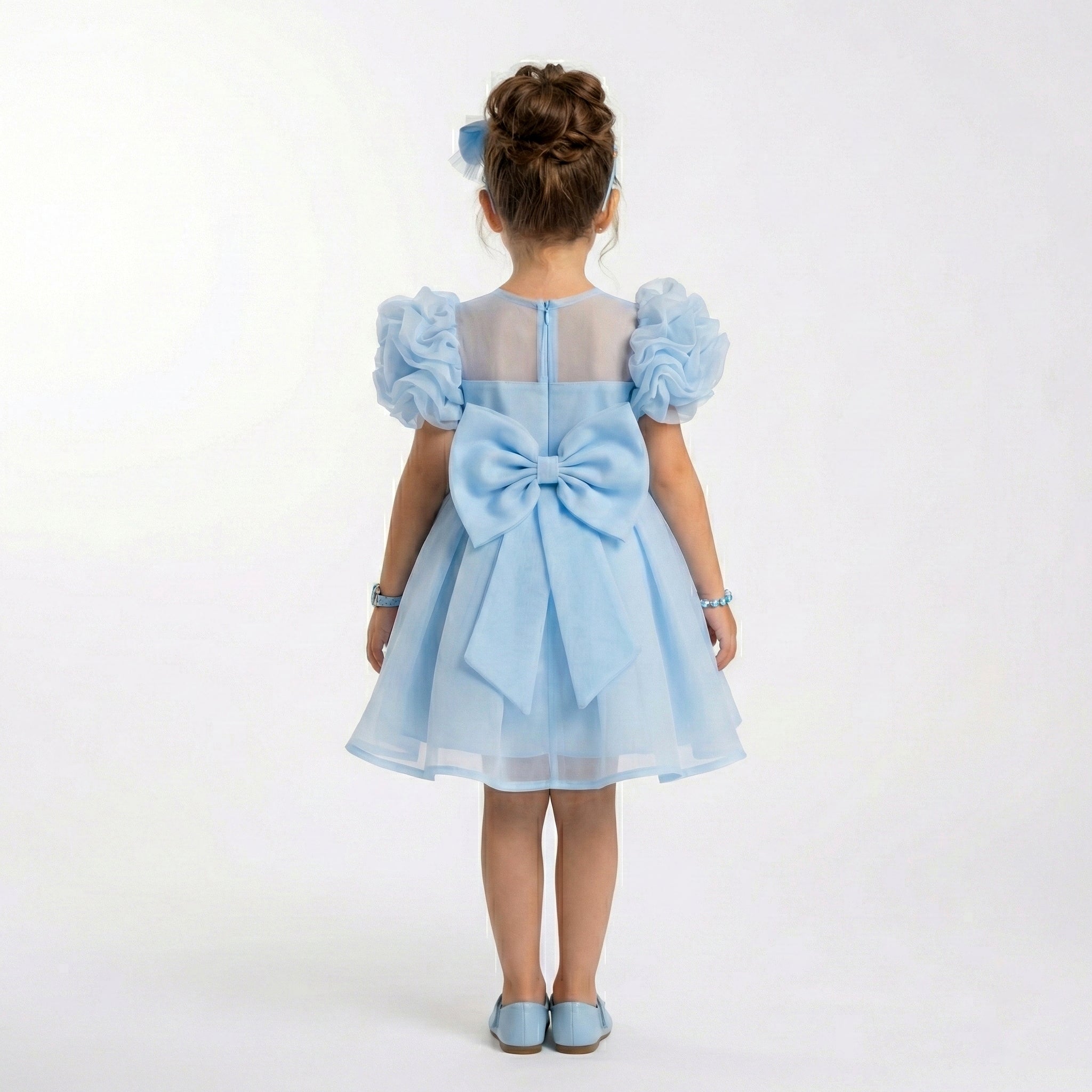 Girls’ Ruffled Sleeve Occasion Dress with Jewel-Centered Flora