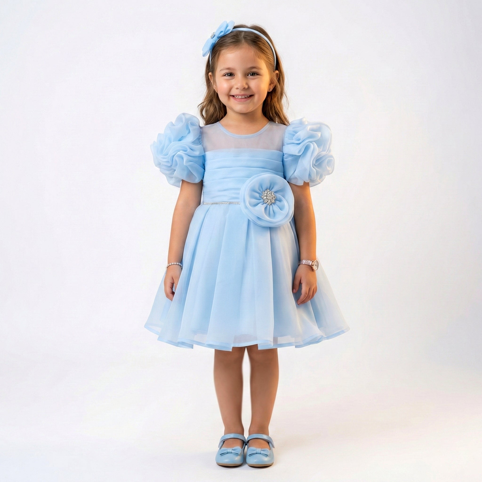 Girls' Ruffle-Sleeve Organza Party Dress with Jewel-Centered Rosette