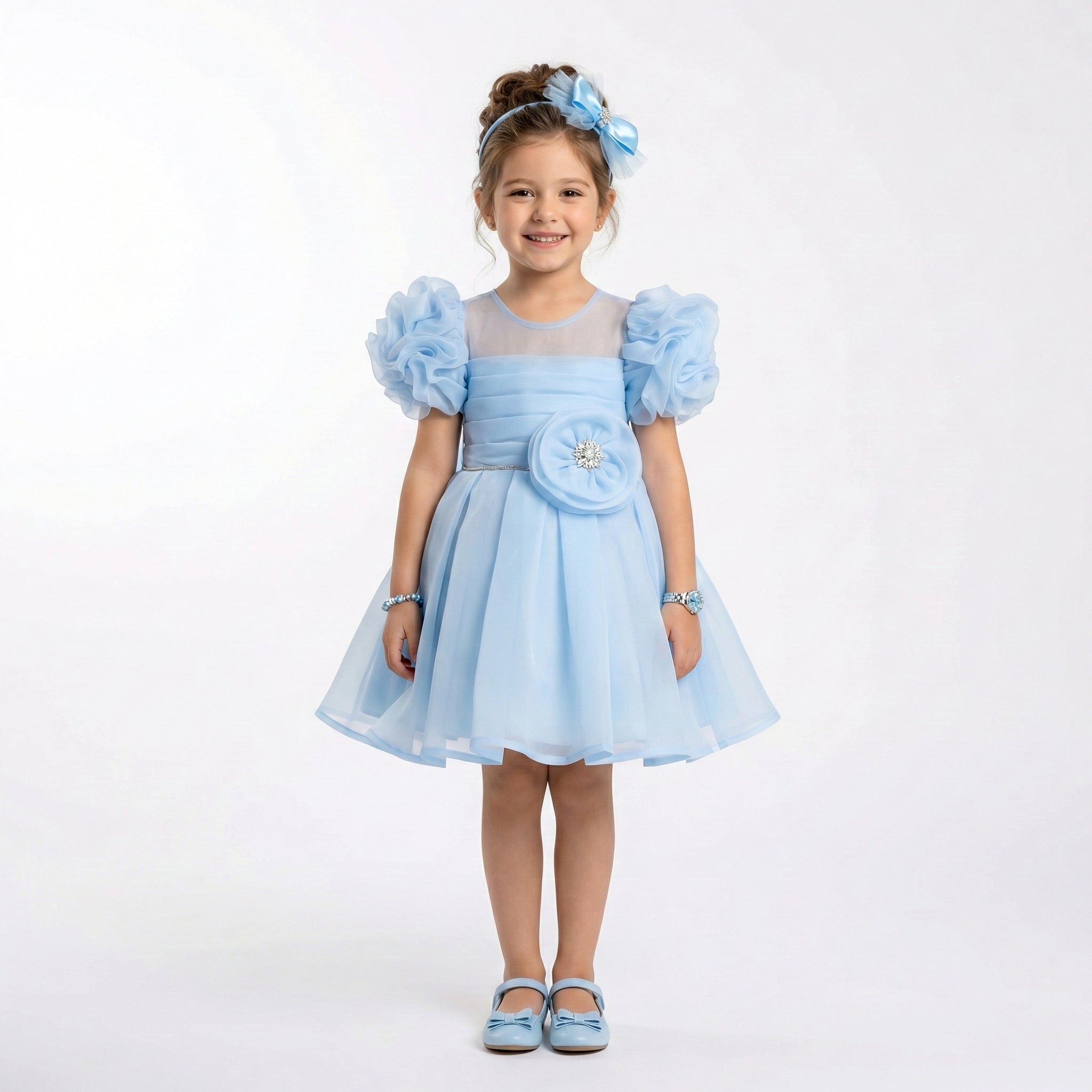 Girls' Ruffle-Sleeve Organza Party Dress with Jewel-Centered Rosette