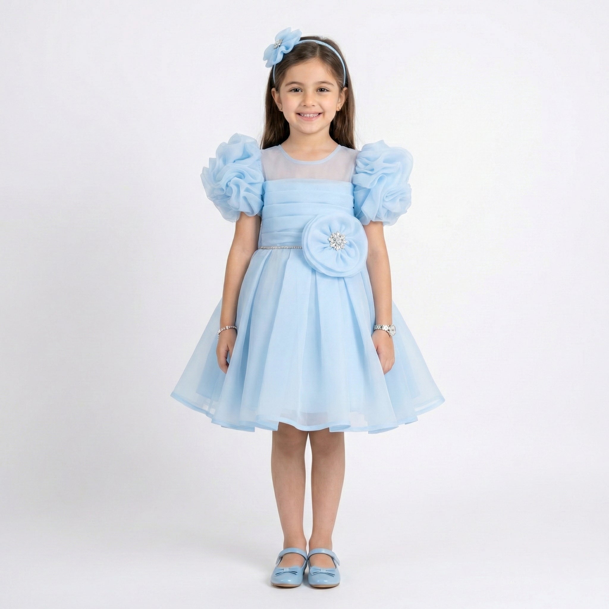 Girls' Ruffle-Sleeve Organza Party Dress with Jewel-Centered Rosette