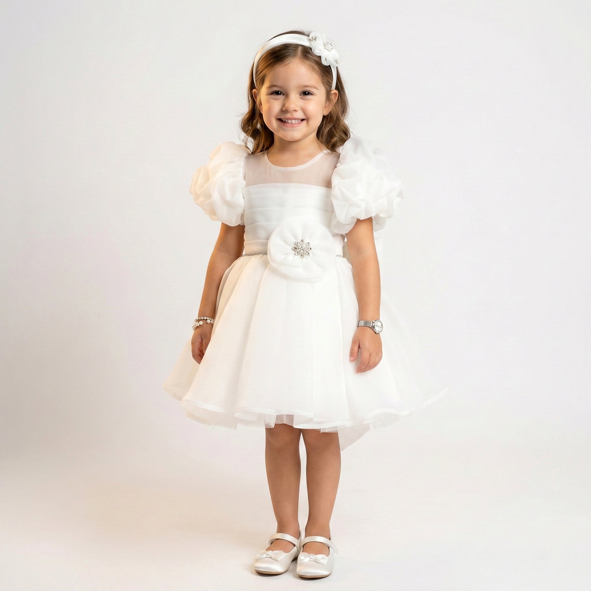 Girls' Ruffle-Sleeve Organza Party Dress with Jewel-Centered Rosette