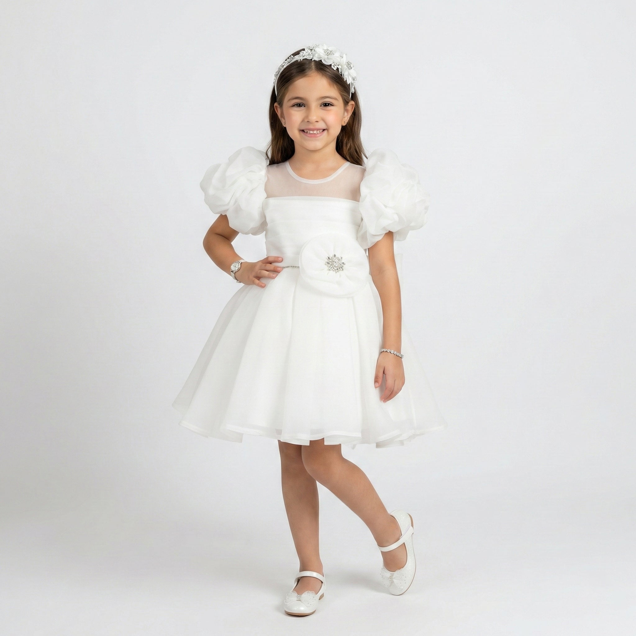 Girls' Ruffle-Sleeve Organza Party Dress with Jewel-Centered Rosette