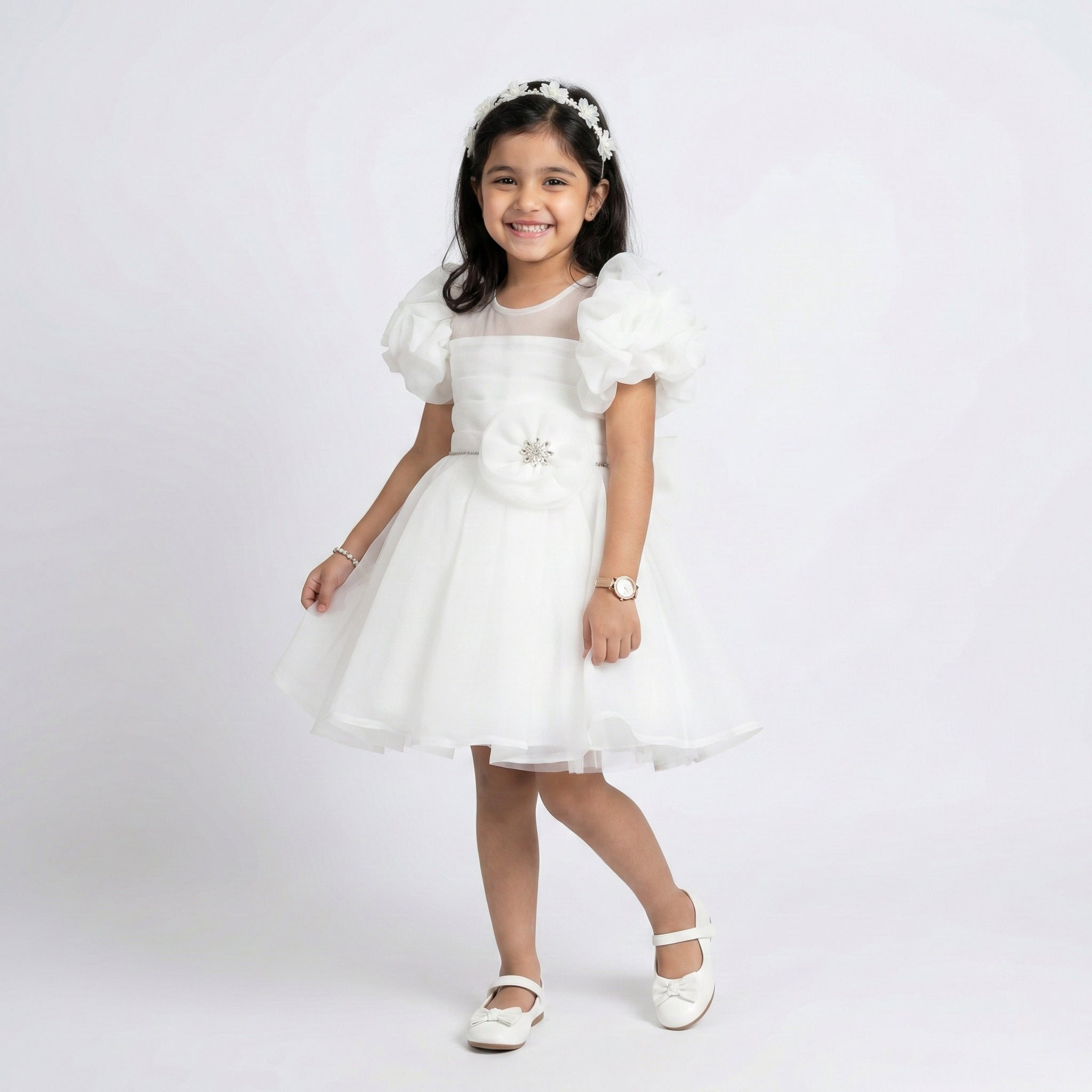 Girls' Ruffle-Sleeve Organza Party Dress with Jewel-Centered Rosette
