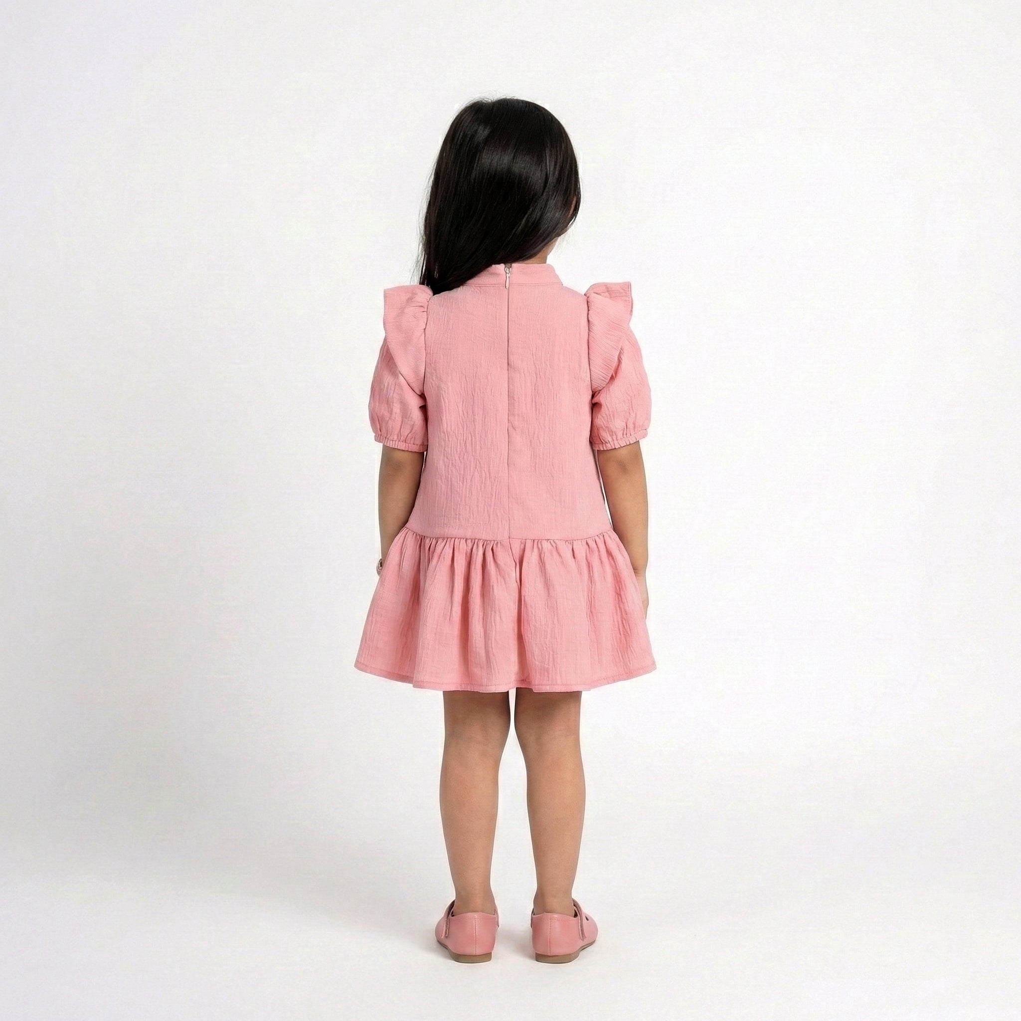 Girls’ Vintage-Inspired Rose Dress – Ruffled Neck & Flutter Sleeves