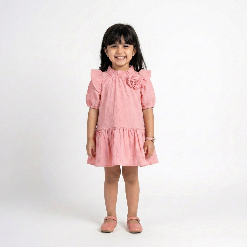 Girls’ Vintage-Inspired Rose Dress – Ruffled Neck & Flutter Sleeves