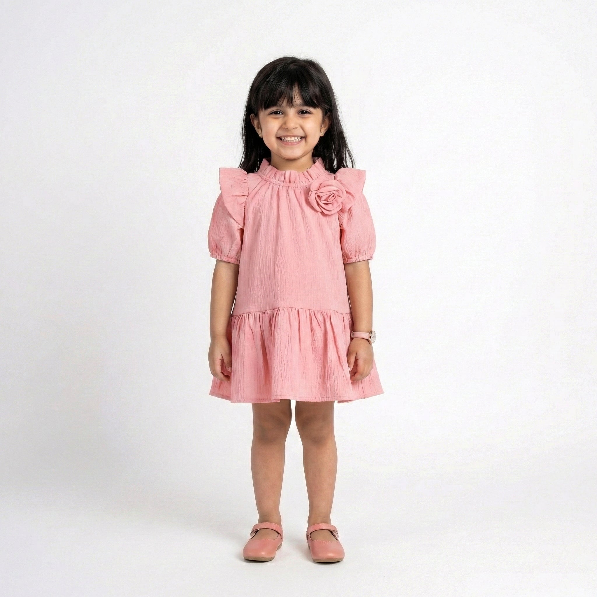 Girls’ Vintage-Inspired Rose Dress – Ruffled Neck & Flutter Sleeves