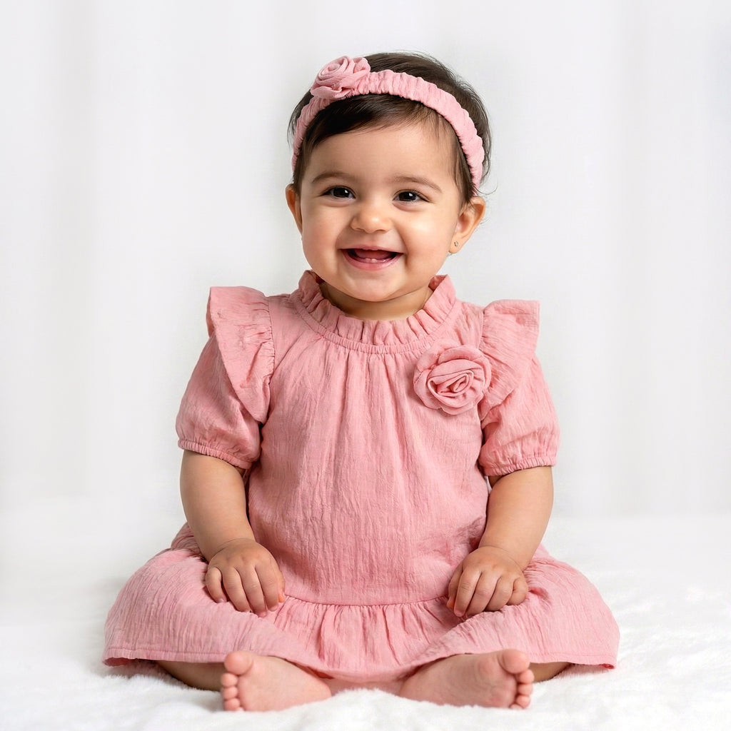 Toddler Girls’ Dusty Rose Textured Ruffle Dress with Rosette Accent