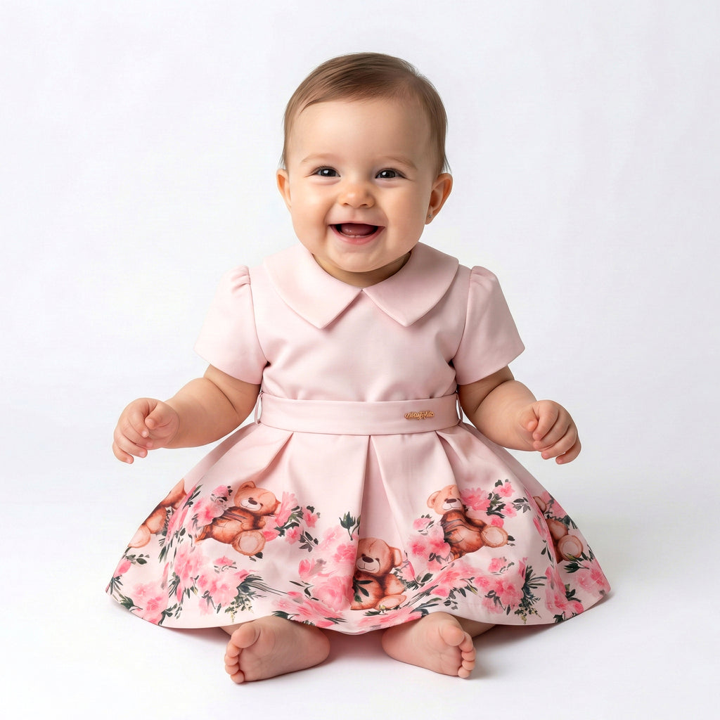 Baby Girl’s Classic Pink Floral & Teddy Bear Dress