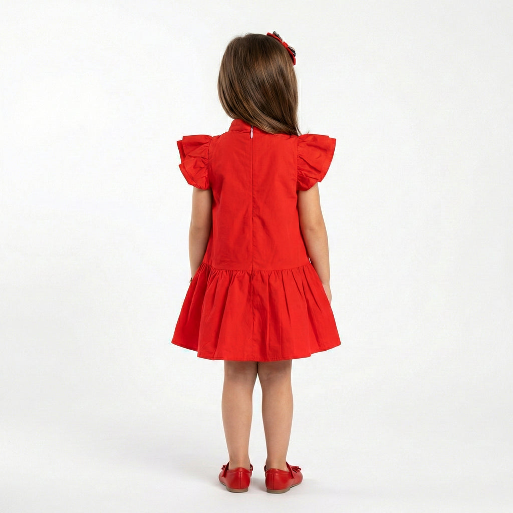 Girls’ Statement Ruffled-Sleeve Dress – Red with Plaid Rosette Accent