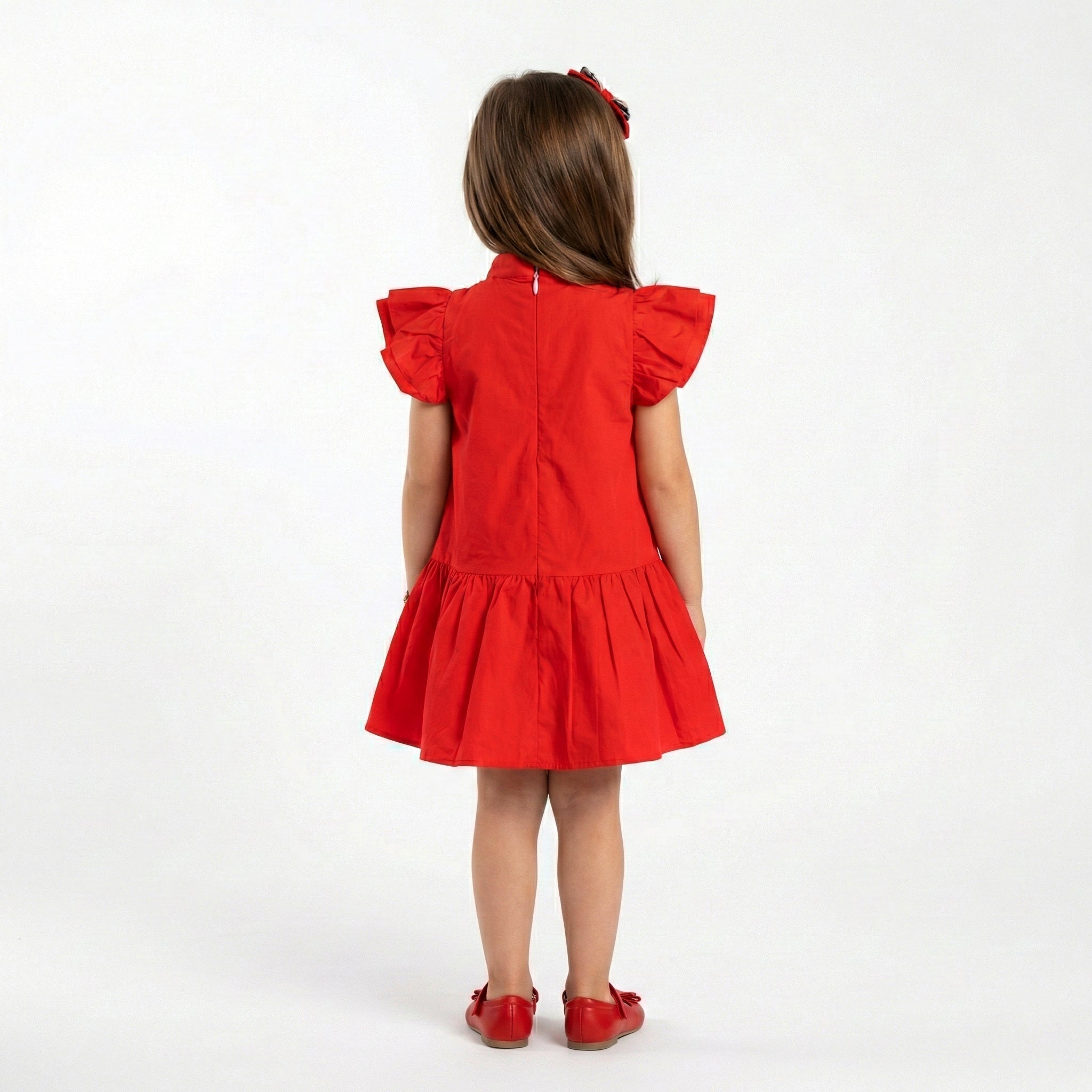 Girls’ Statement Ruffled-Sleeve Dress – Red with Plaid Rosette Accent