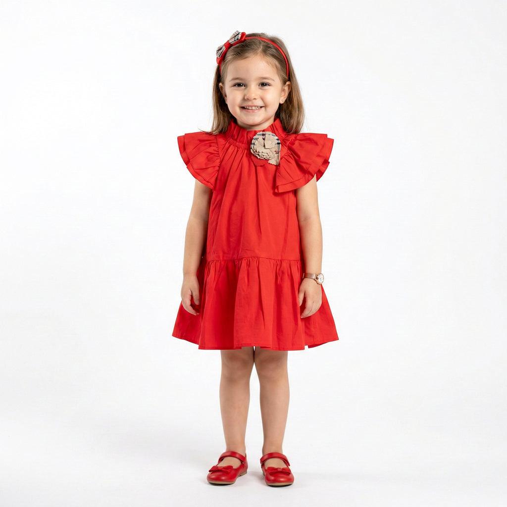 Girls’ Statement Ruffled-Sleeve Dress – Red with Plaid Rosette Accent