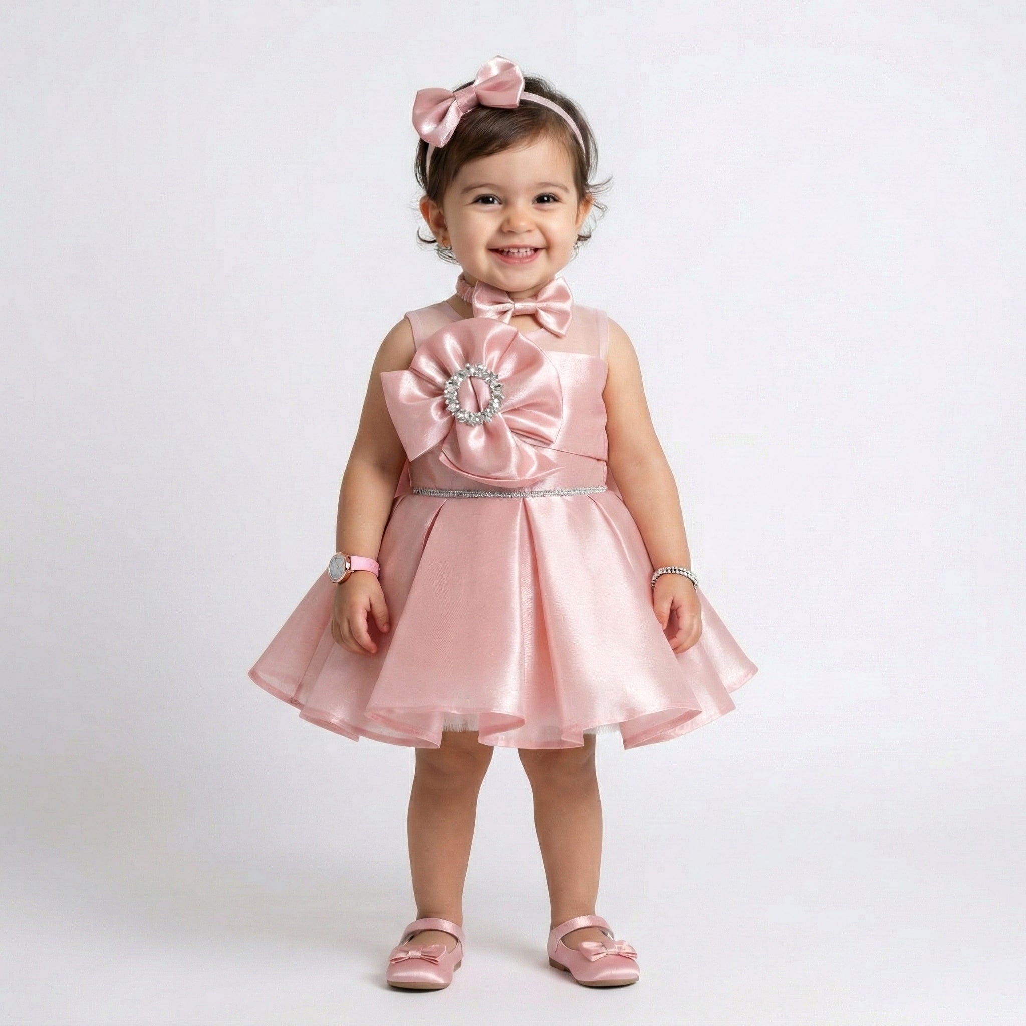 Girls' Satin Party Dress with Sculpted Shoulder Bow and Crystal Waist