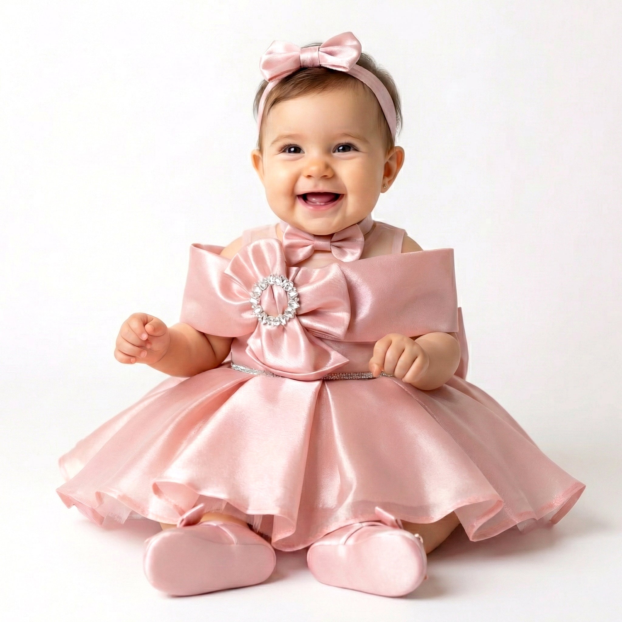 Girls' Satin Party Dress with Sculpted Shoulder Bow and Crystal Waist