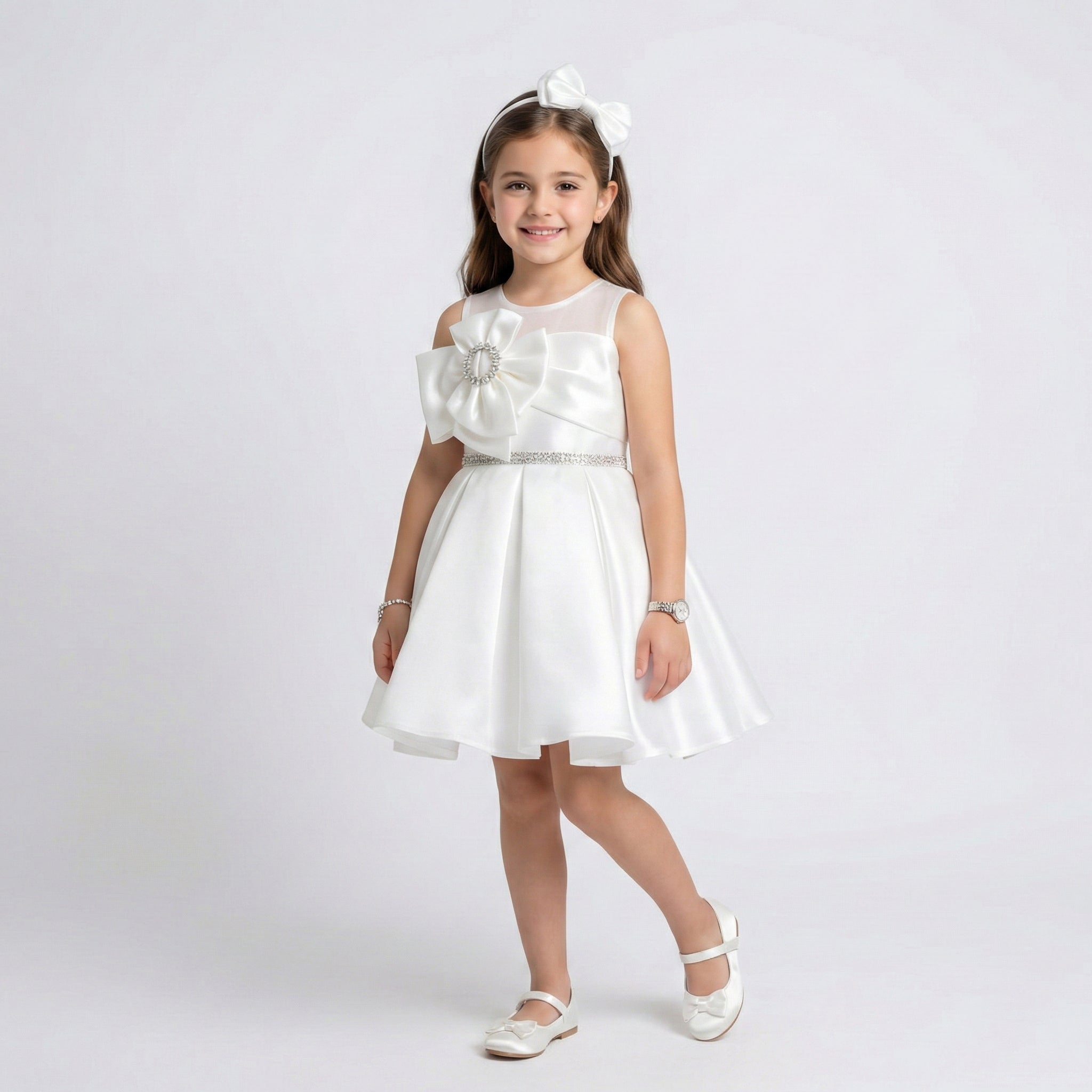 Girls' Satin Party Dress with Sculpted Shoulder Bow and Crystal Waist