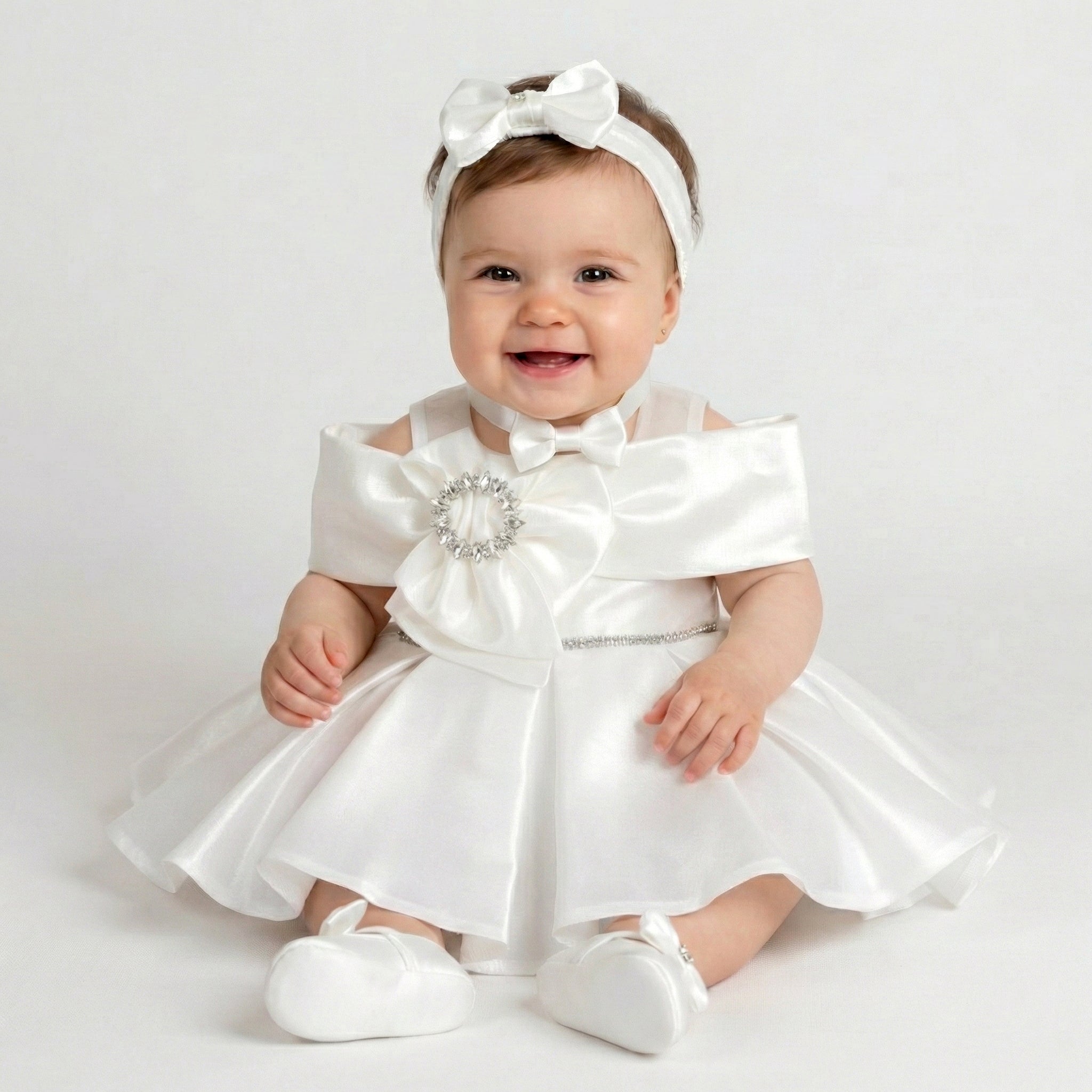 Girls' Satin Party Dress with Sculpted Shoulder Bow and Crystal Waist