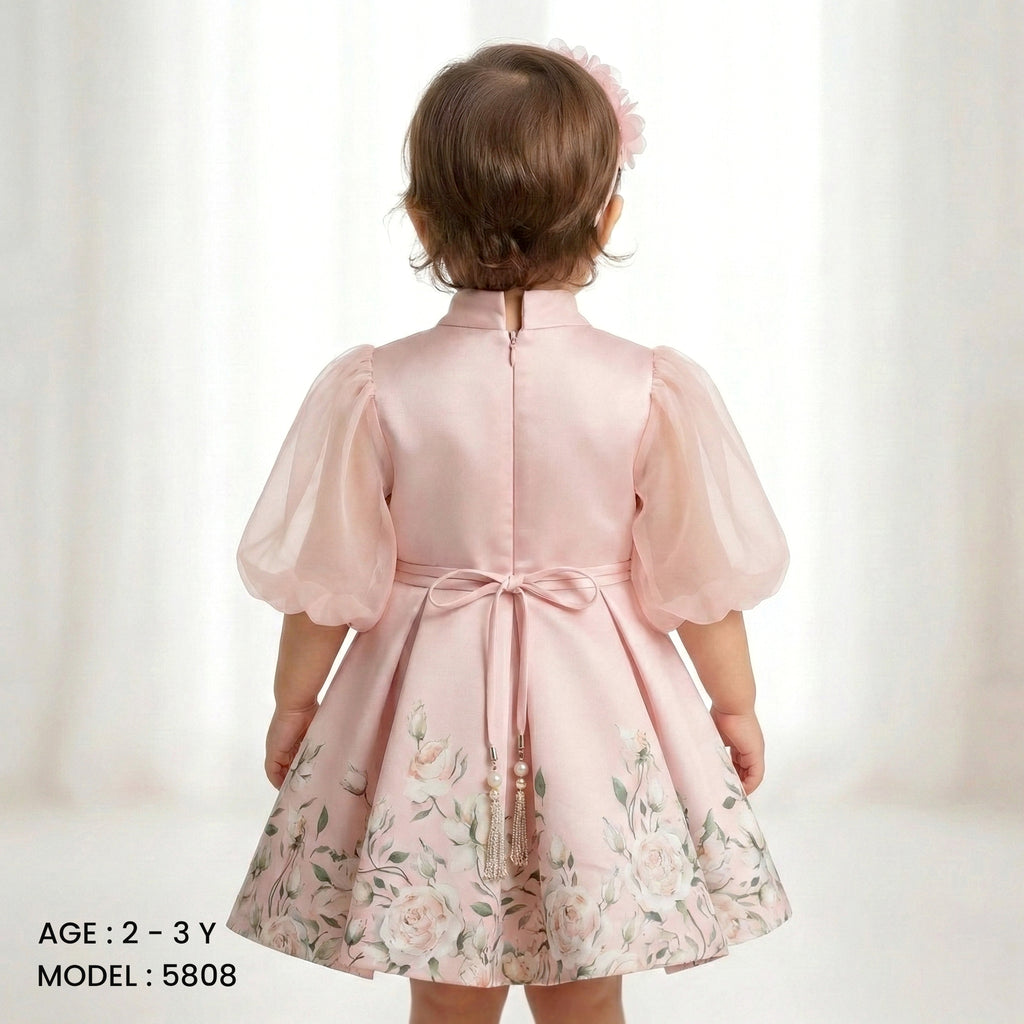 Toddler Girls’ Satin Rose-Print Party Dress with Elegant Neck Tie