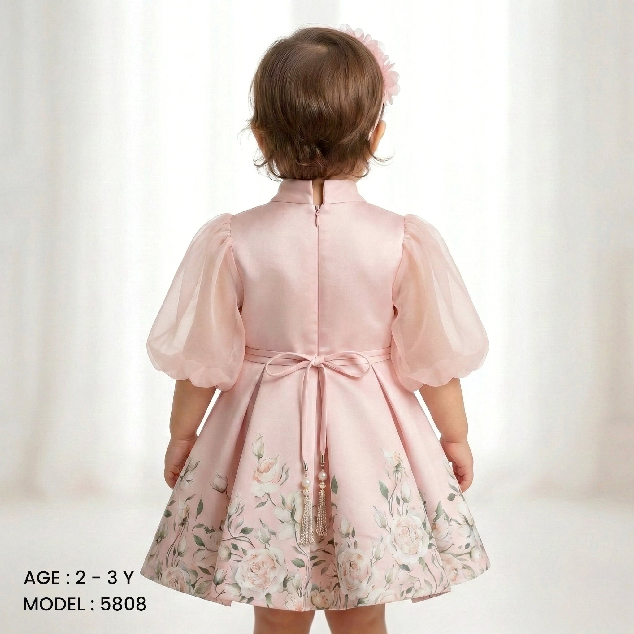 Toddler Girls’ Satin Rose-Print Party Dress with Elegant Neck Tie