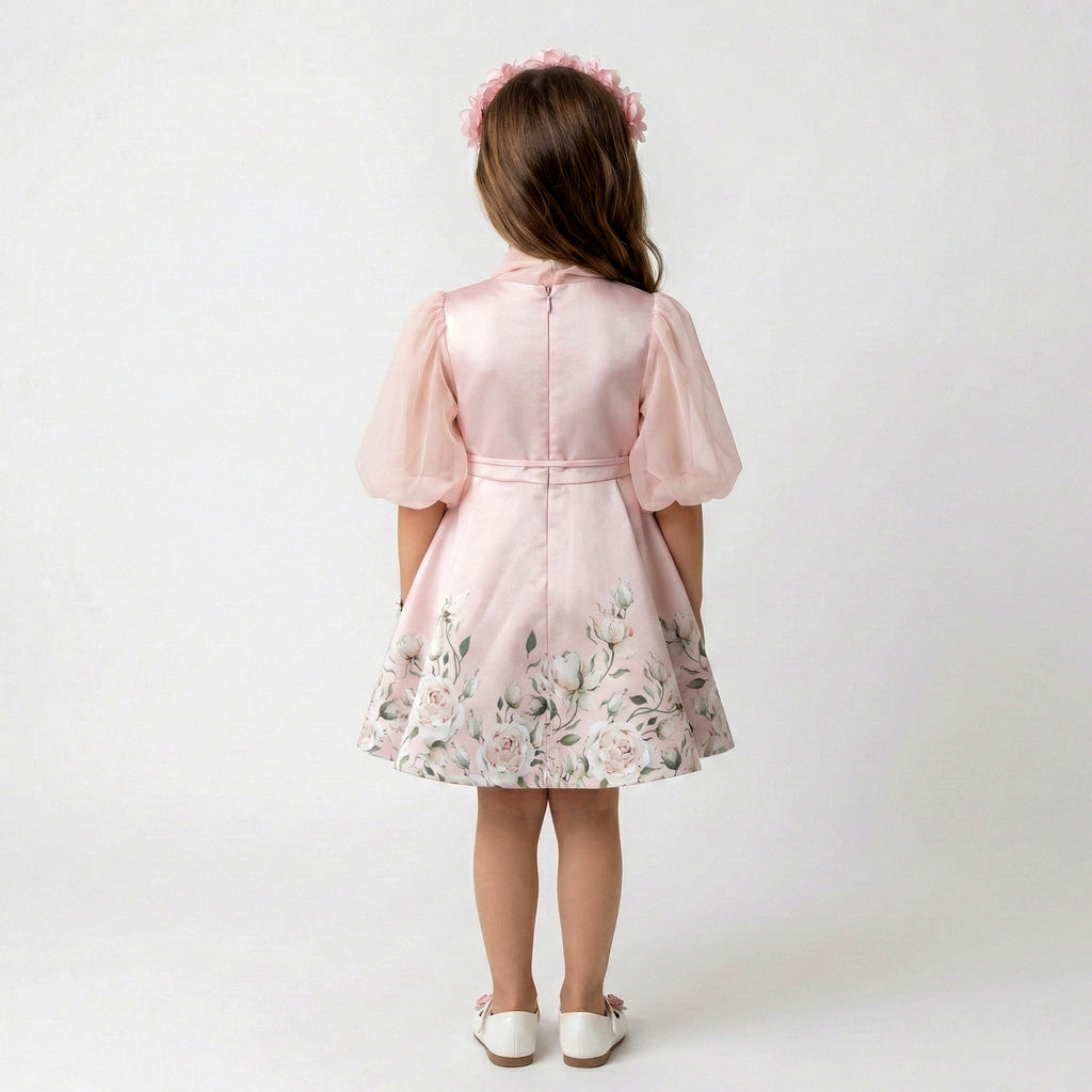 Girls’ Luxury Floral Satin Dress – Puffed Sleeves & Draped Neck Tie