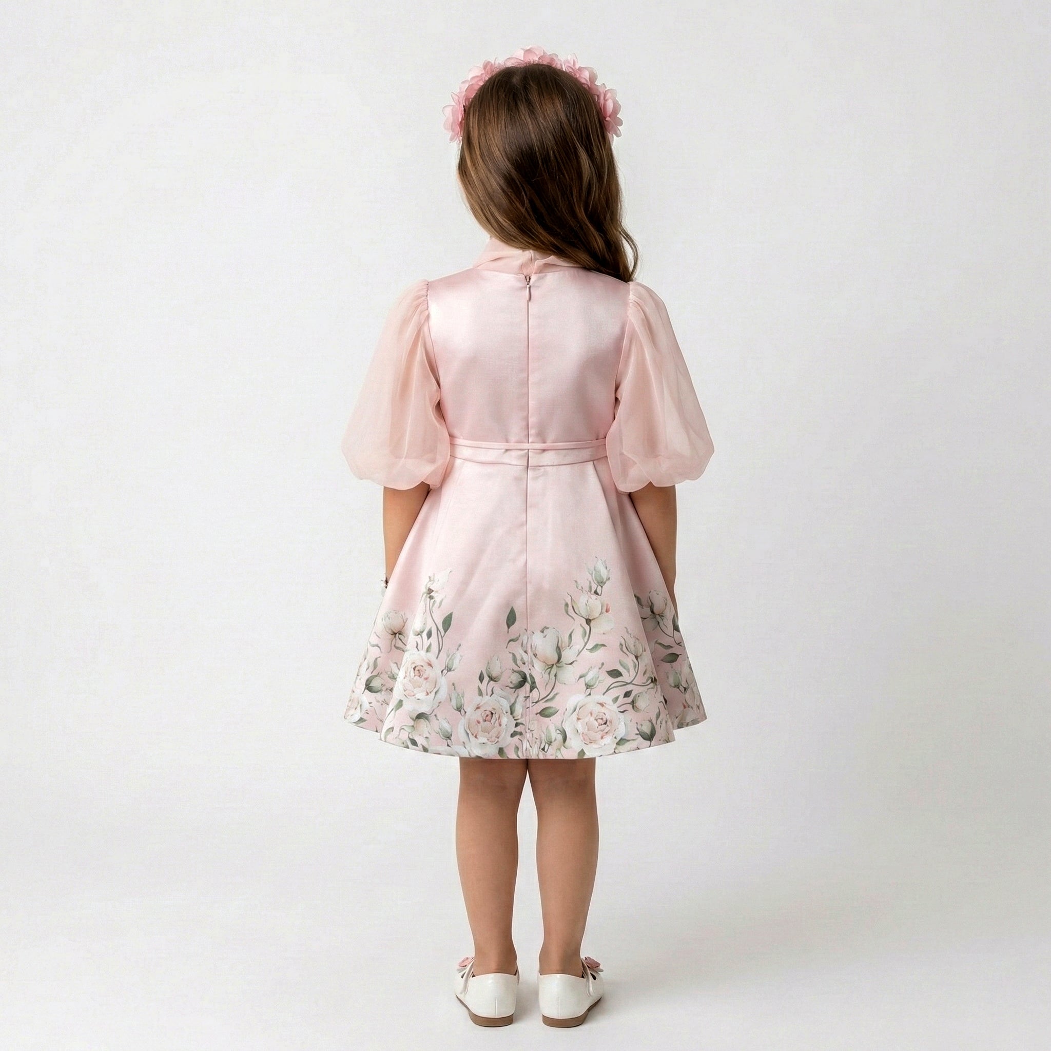 Girls’ Luxury Floral Satin Dress – Puffed Sleeves & Draped Neck Tie