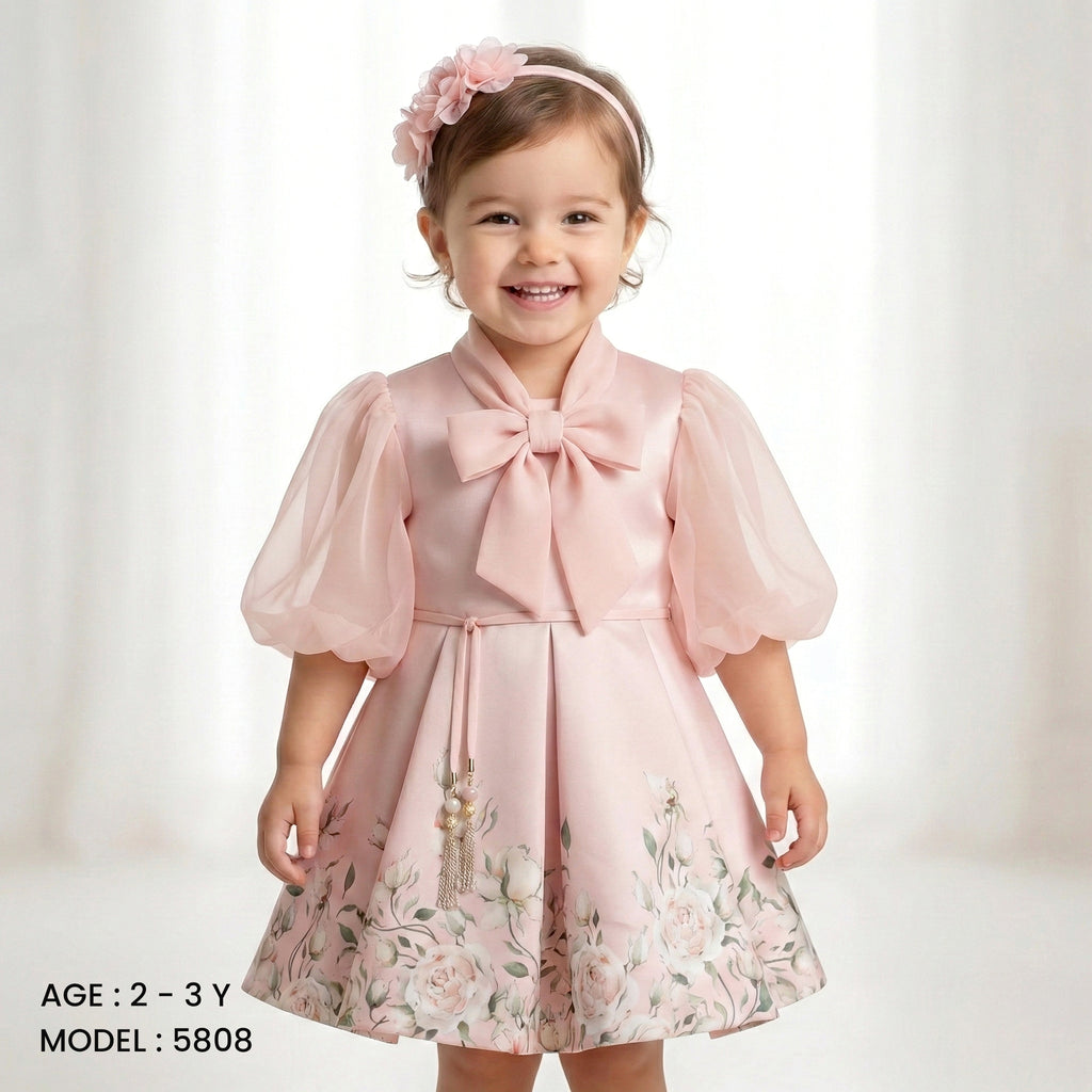 Toddler Girls’ Satin Rose-Print Party Dress with Elegant Neck Tie