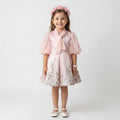 Girls’ Luxury Floral Satin Dress – Puffed Sleeves & Draped Neck Tie