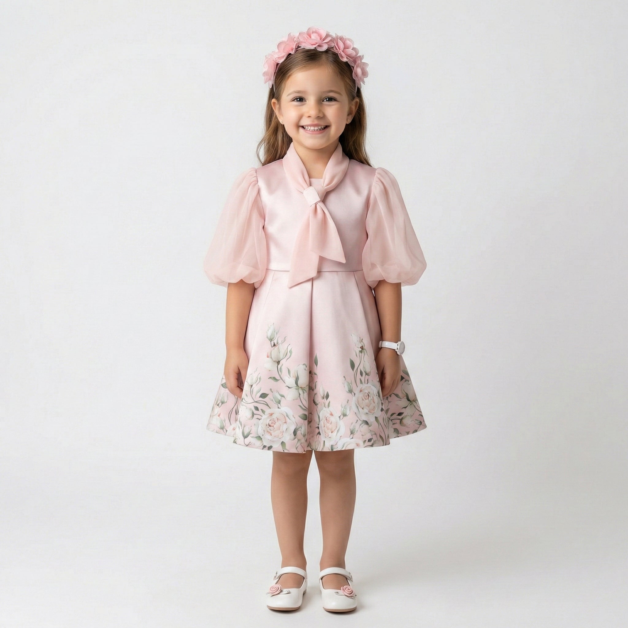 Girls’ Luxury Floral Satin Dress – Puffed Sleeves & Draped Neck Tie