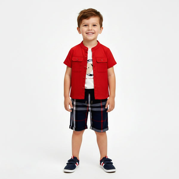 Boys 3-Piece Smart-Casual Set with Short-Sleeve Mandarin Collar Shirt