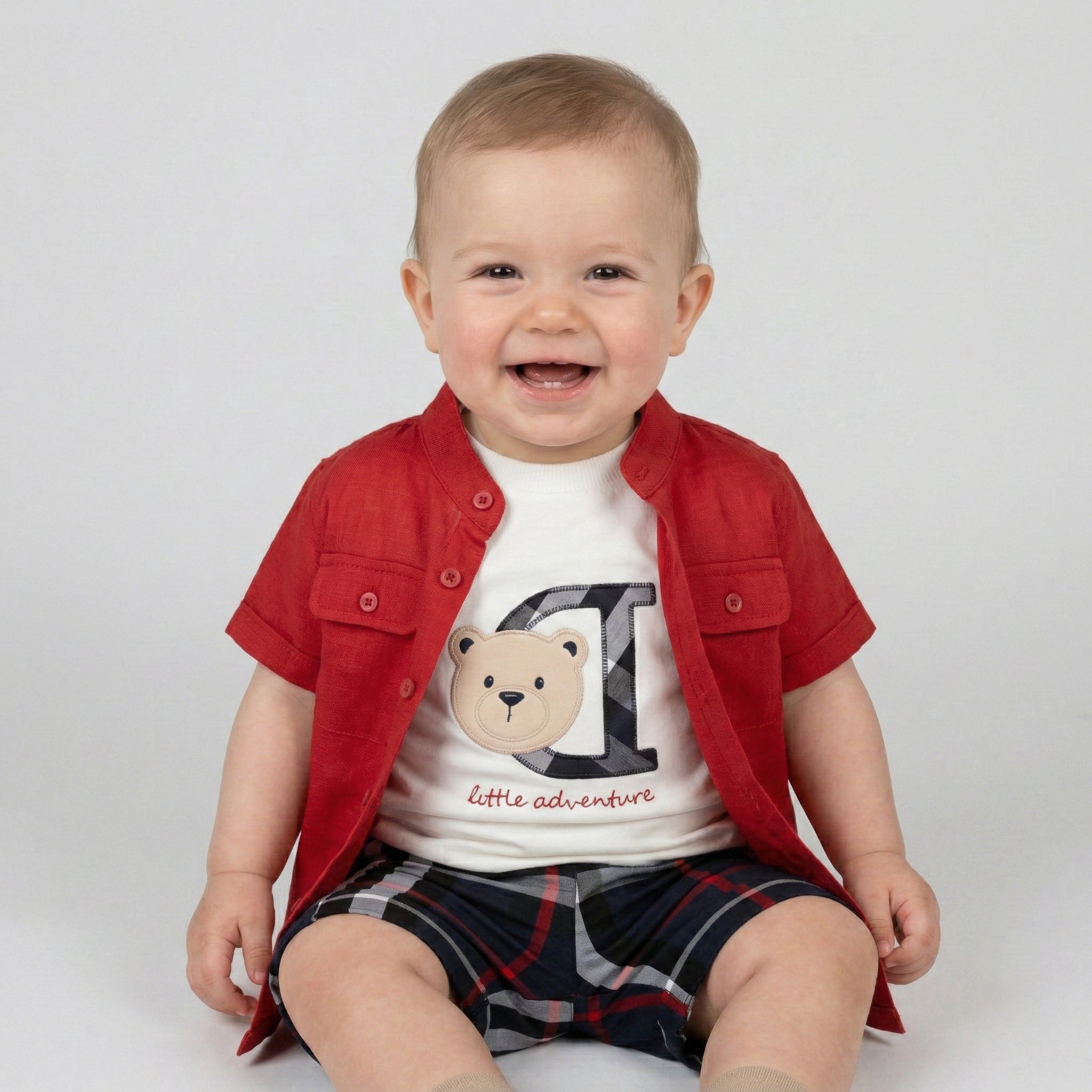 Baby Boy’s "Little Adventure" 3-Piece Set – Red Shirt, Graphic Tee & Plaid Shorts