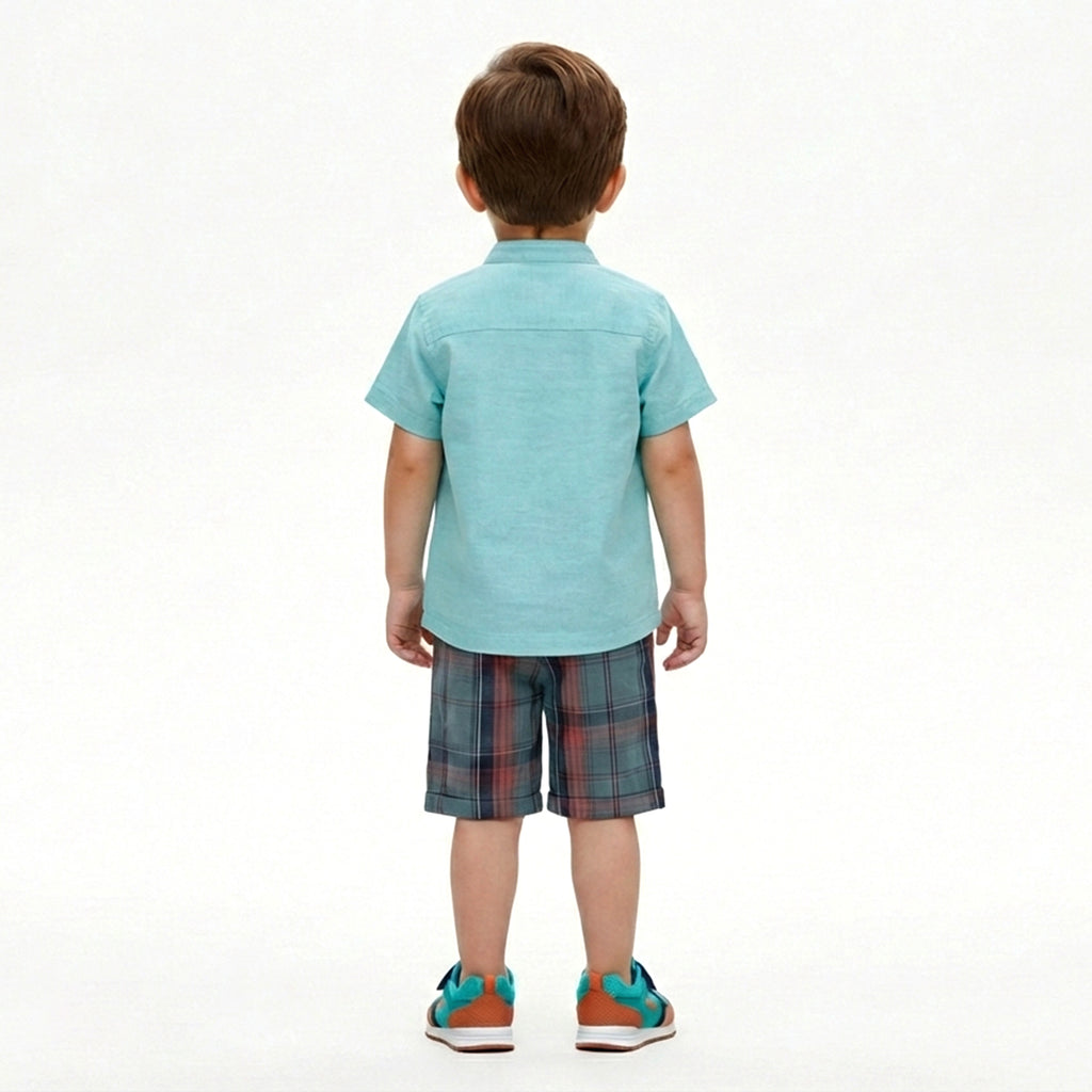 Boys' 3-Piece Smart-Casual Set with Mandarin Collar Shirt and Plaid Shorts