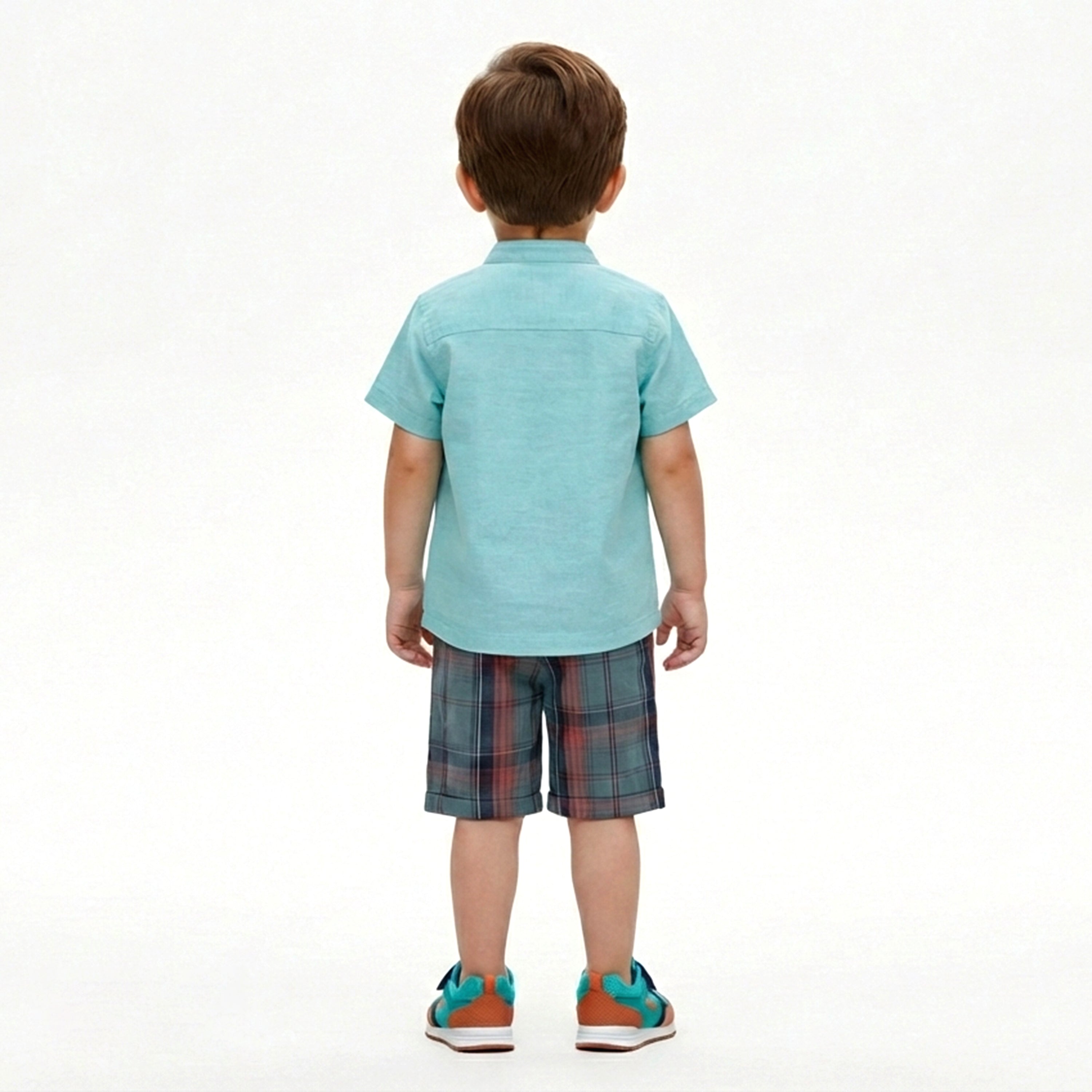 Boys' 3-Piece Smart-Casual Set with Mandarin Collar Shirt and Plaid Shorts