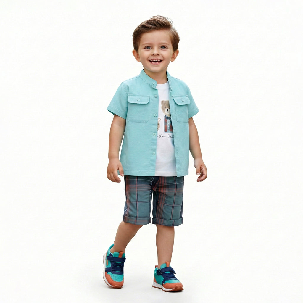 Boys' 3-Piece Smart-Casual Set with Mandarin Collar Shirt and Plaid Shorts