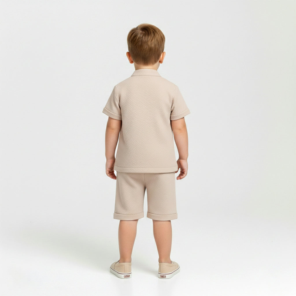 Boys' Three-Piece Textured Knit Set with Mandarin Collar Shirt and Shorts