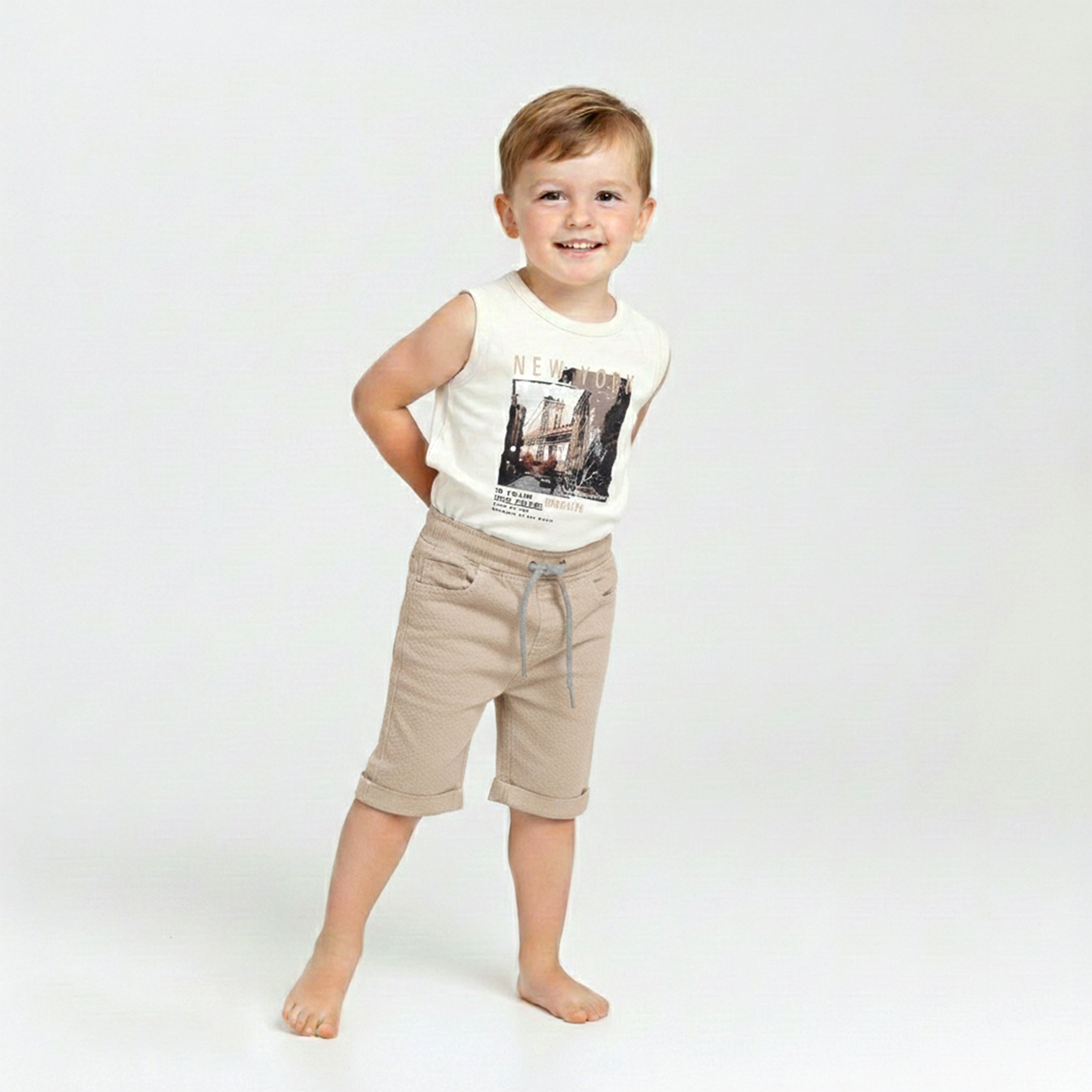 Boys' Three-Piece Textured Knit Set with Mandarin Collar Shirt and Shorts