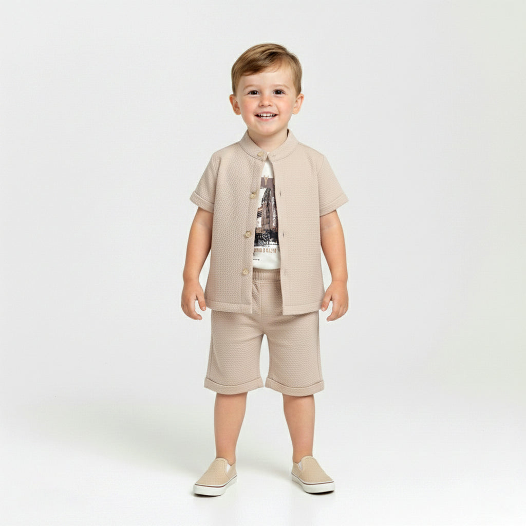 Boys' Three-Piece Textured Knit Set with Mandarin Collar Shirt and Shorts