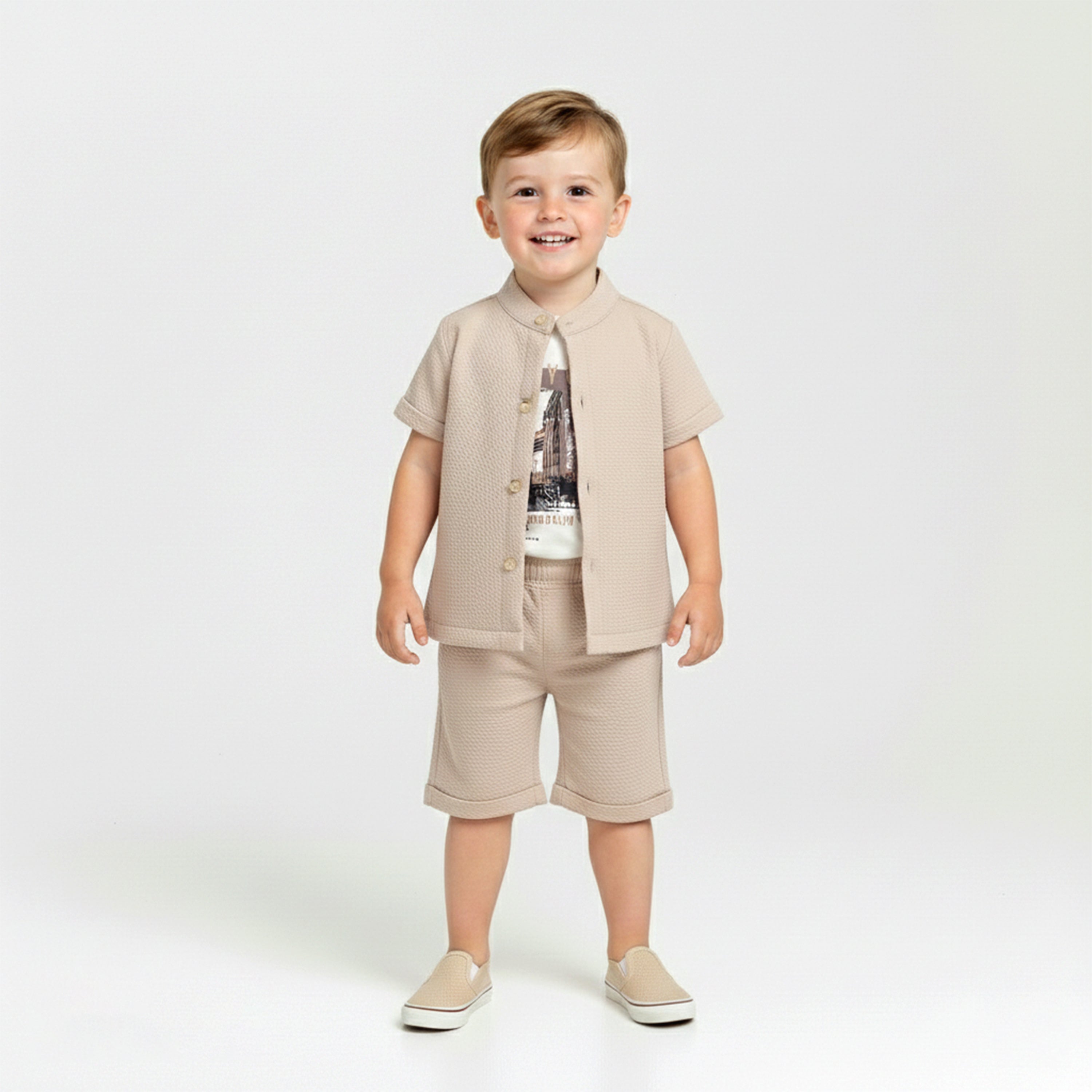 Boys' Three-Piece Textured Knit Set with Mandarin Collar Shirt and Shorts