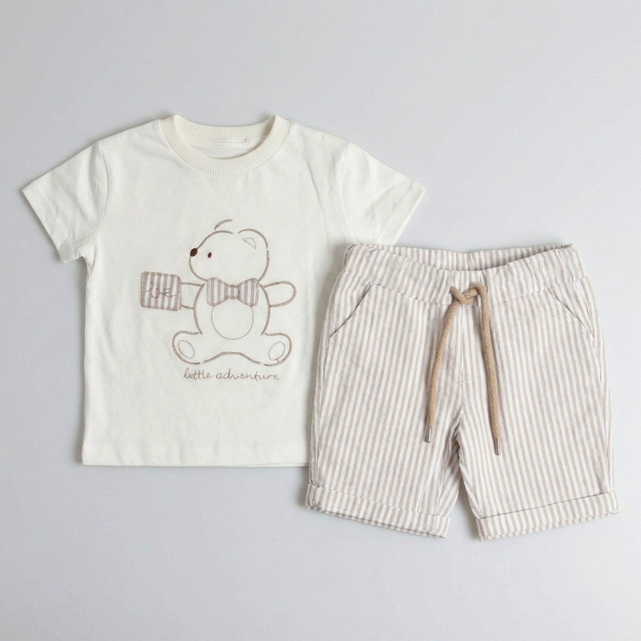 Boys 3-Piece Casual Set with Mandarin Collar Shirt and Vertical Stripe Shorts