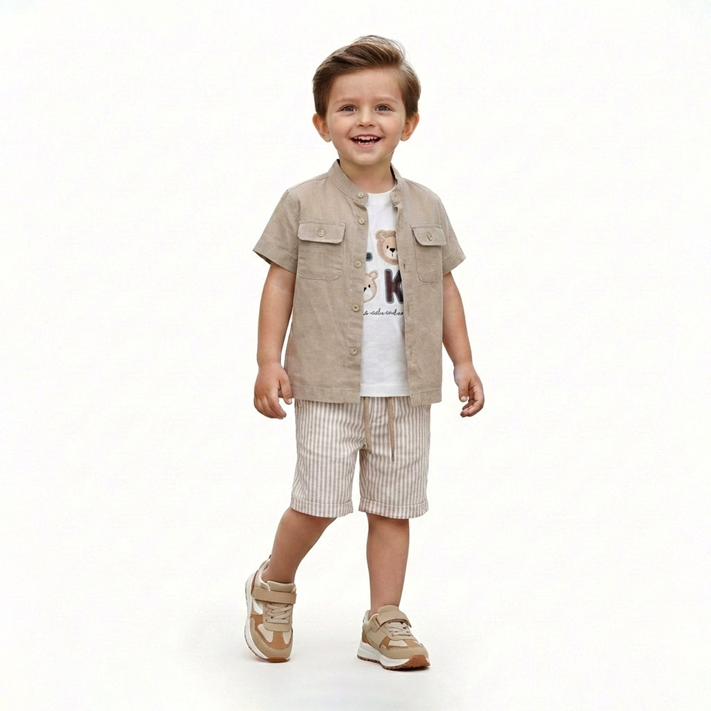 Boys 3-Piece Casual Set with Mandarin Collar Shirt and Vertical Stripe Shorts