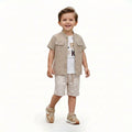 Boys 3-Piece Casual Set with Mandarin Collar Shirt and Vertical Stripe Shorts