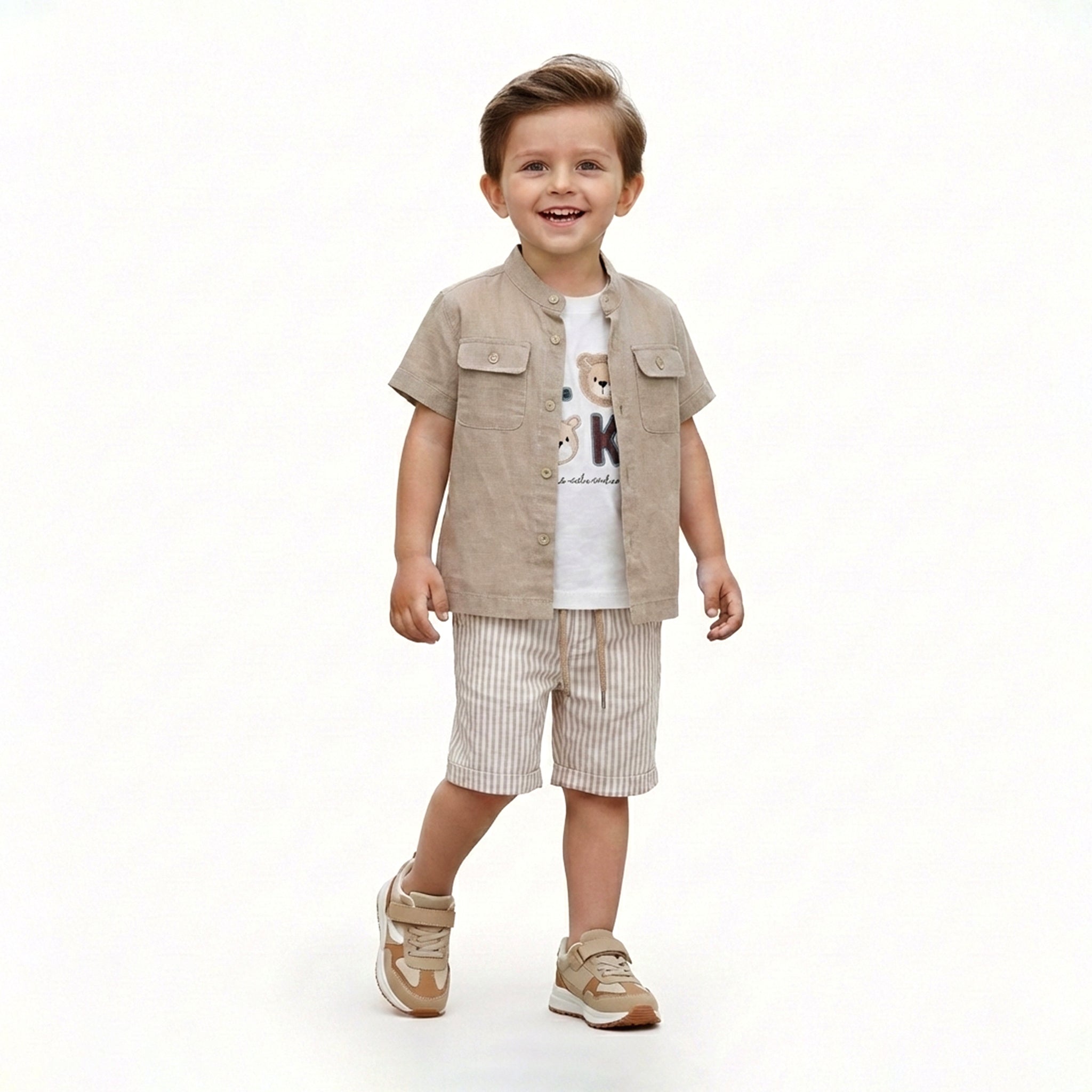 Boys 3-Piece Casual Set with Mandarin Collar Shirt and Vertical Stripe Shorts