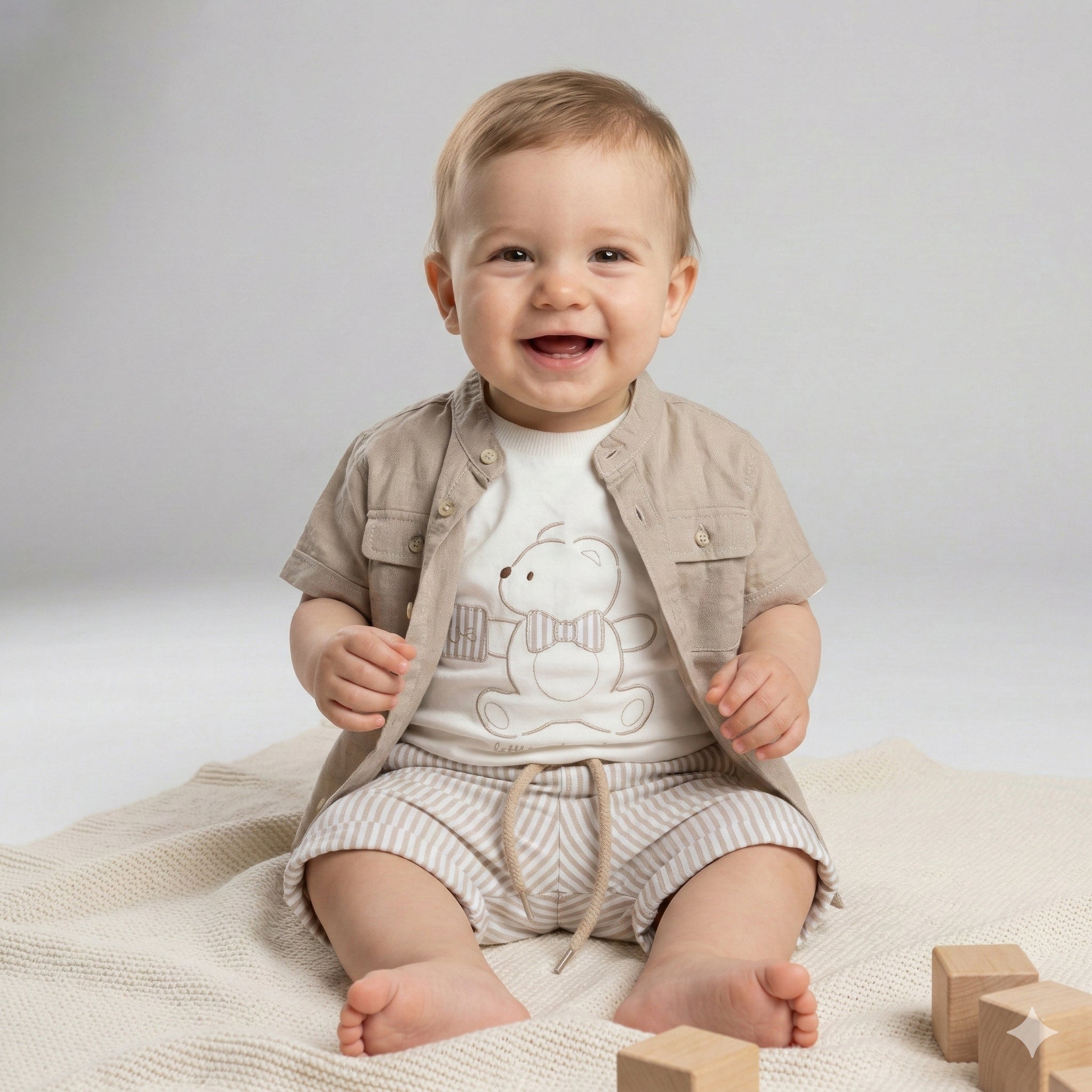 Infant 3-Piece Gentleman Bear Set: Linen-Blend Shirt, Tee & Striped Shorts