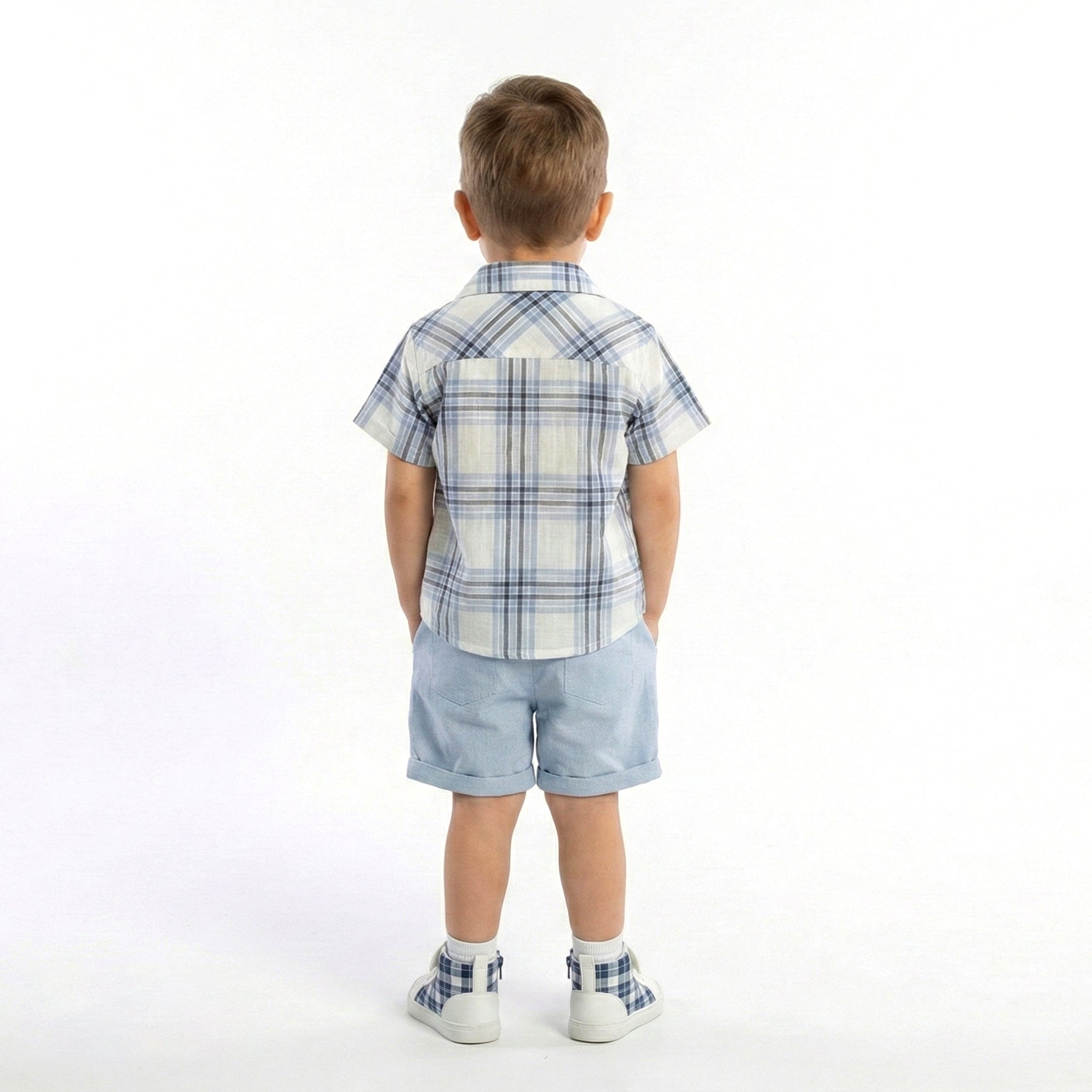 Boys 3-Piece Plaid Button-Down Set with Coordinating Casual Shorts