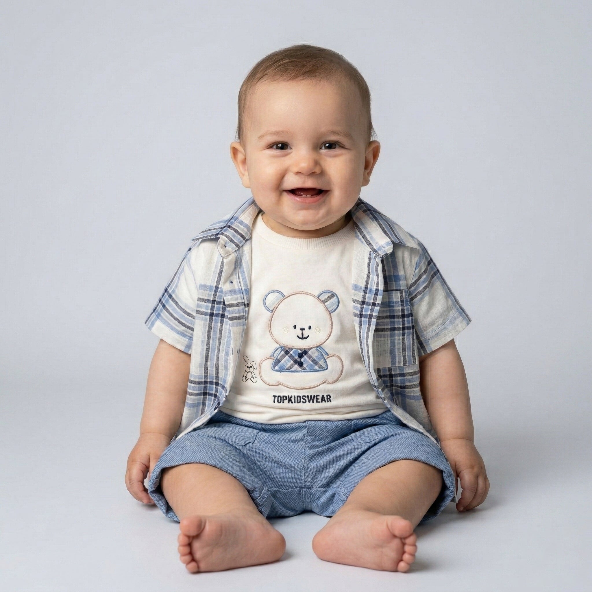 Baby Boy’s Playful Teddy Bear & Plaid Shirt 3-Piece Set
