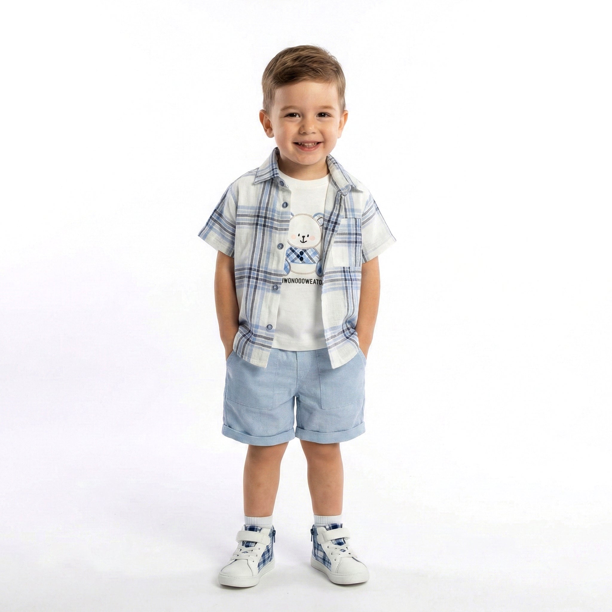 Boys 3-Piece Plaid Button-Down Set with Coordinating Casual Shorts