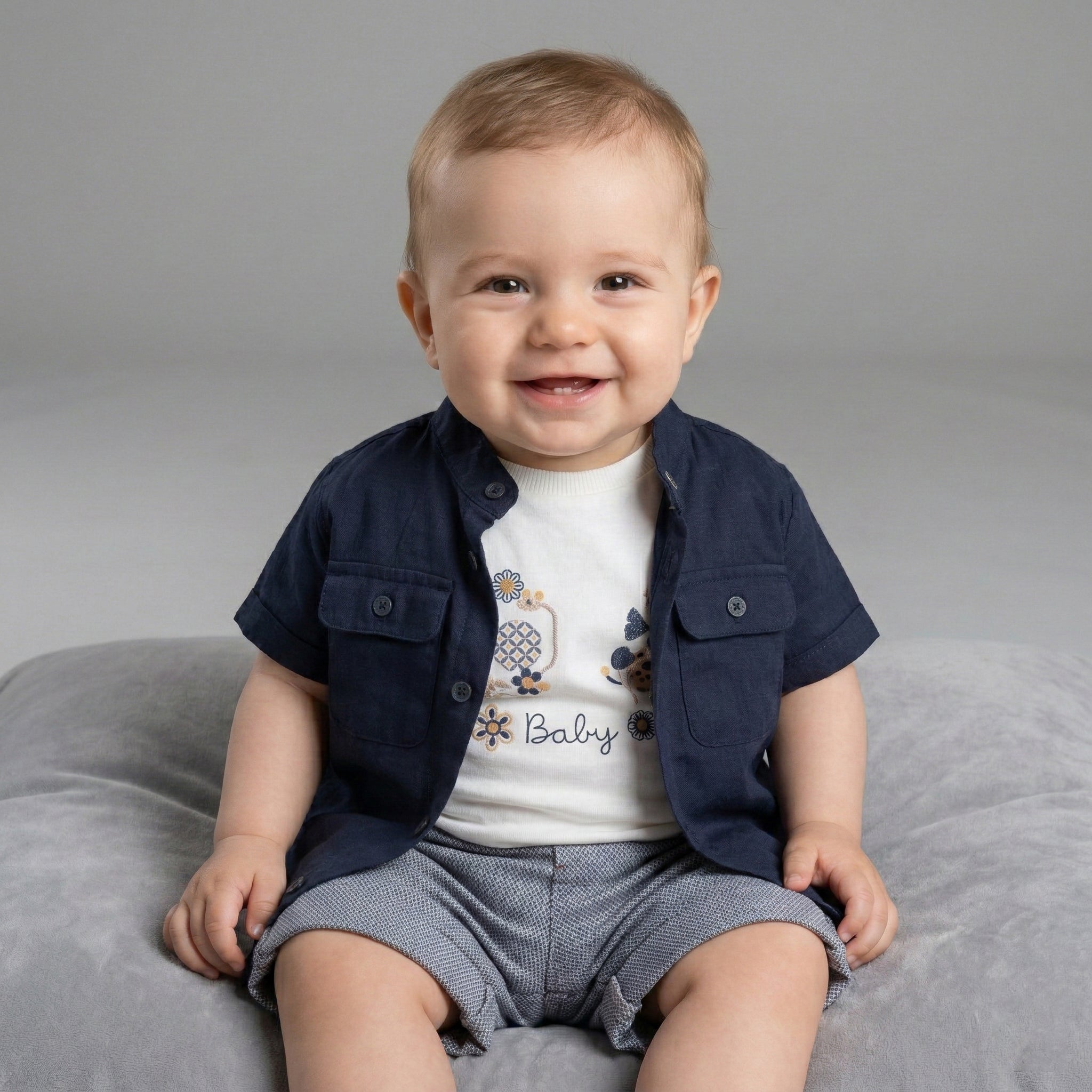 Baby Boy’s Classic Navy Linen-Style Shirt & Textured Short Set