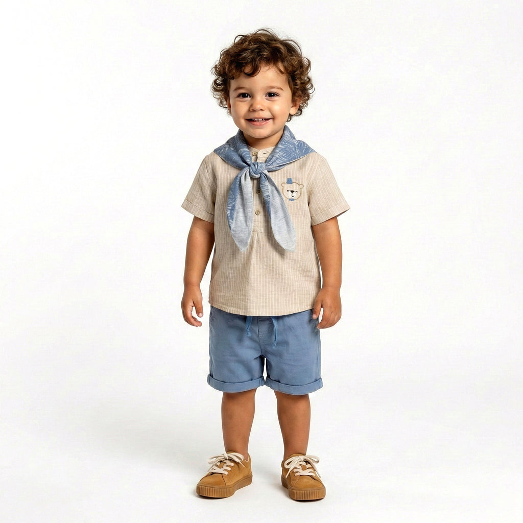 Toddler 3-Piece "Little Captain" Henley & Shorts Set with Styled Scarf