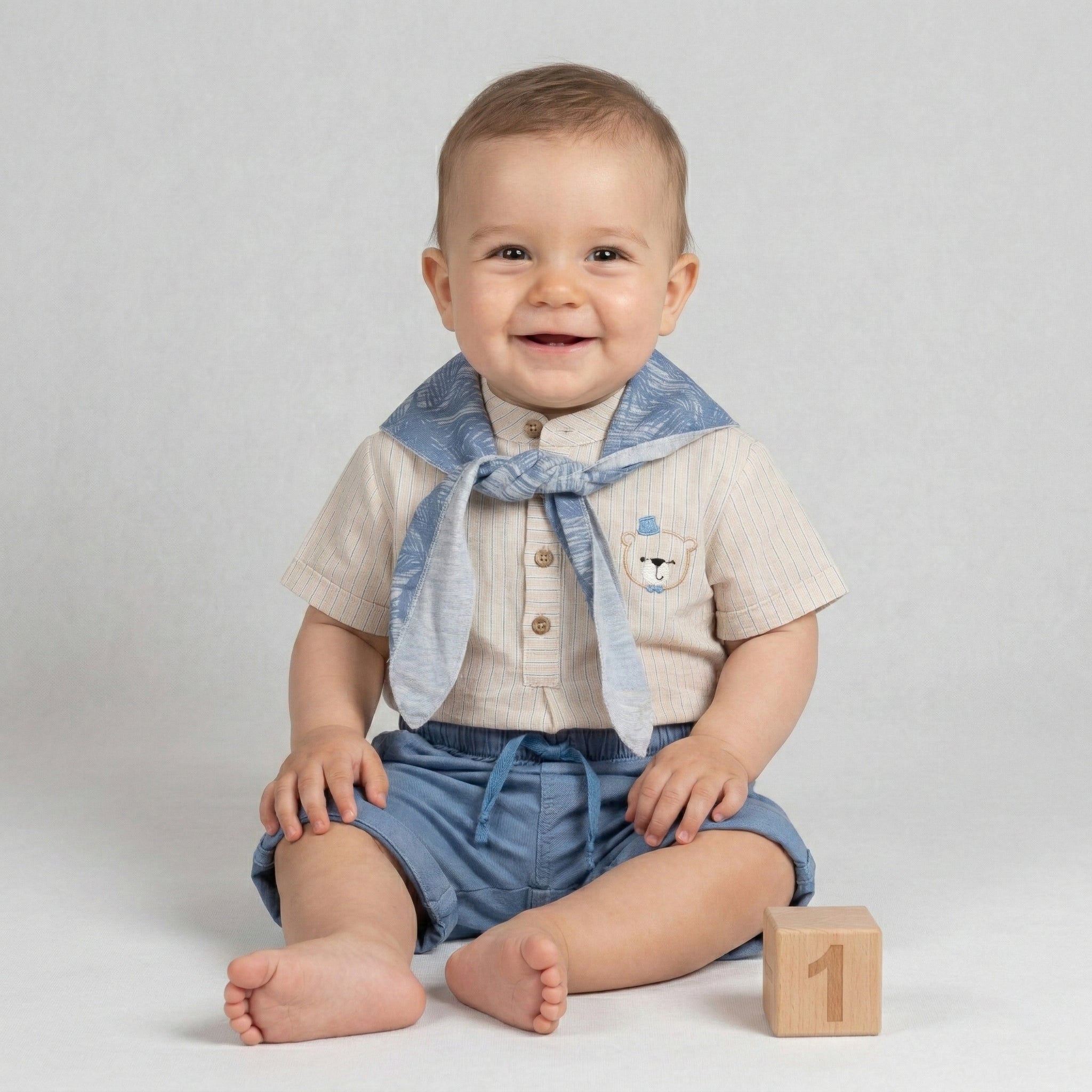 Infant 3-Piece Nautical Bear Set: Striped Henley, Shorts & Matching Kerchief