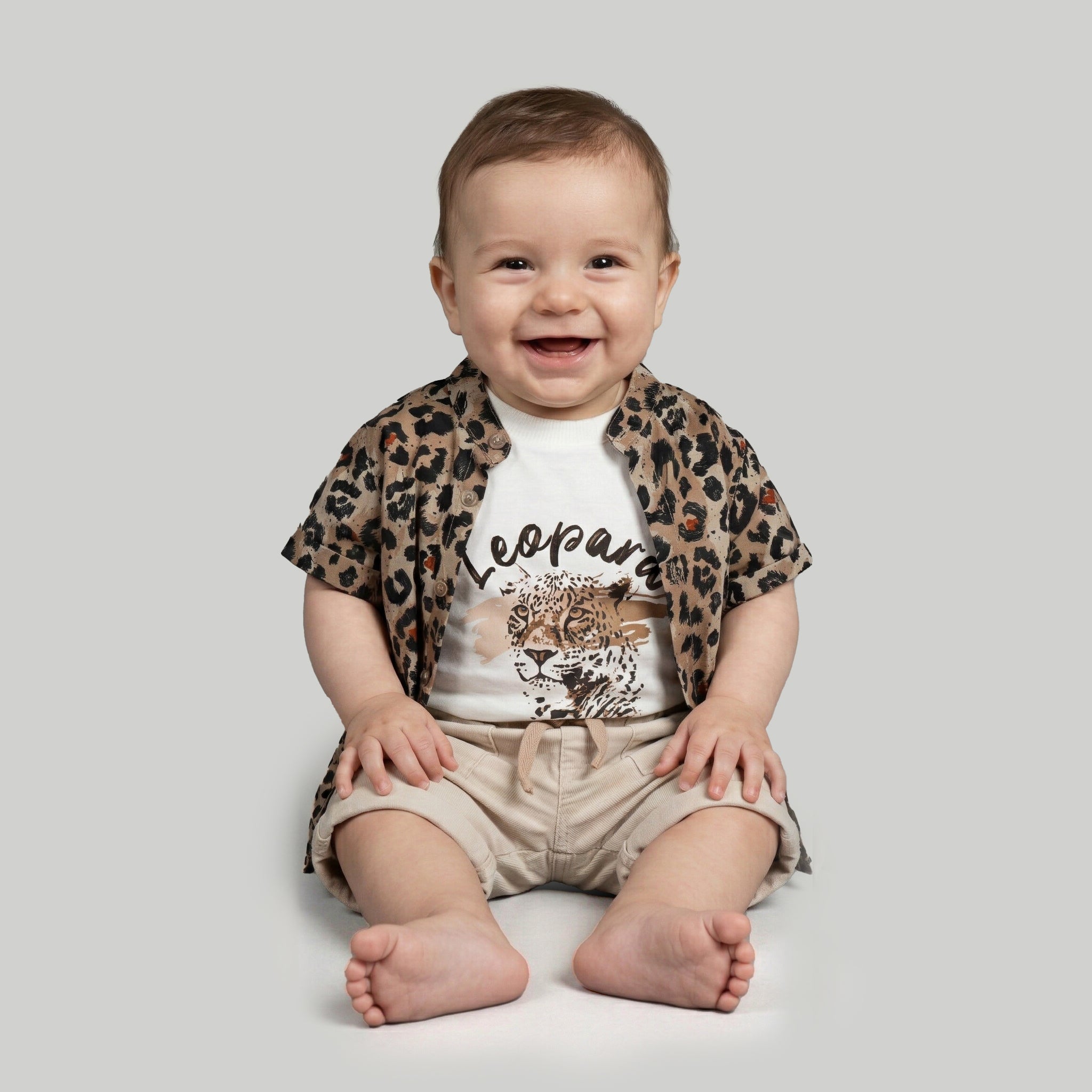 Baby Boy’s Wild Explorer 3-Piece Set – Leopard Print Shirt, Graphic Tee & Soft Khaki Shorts